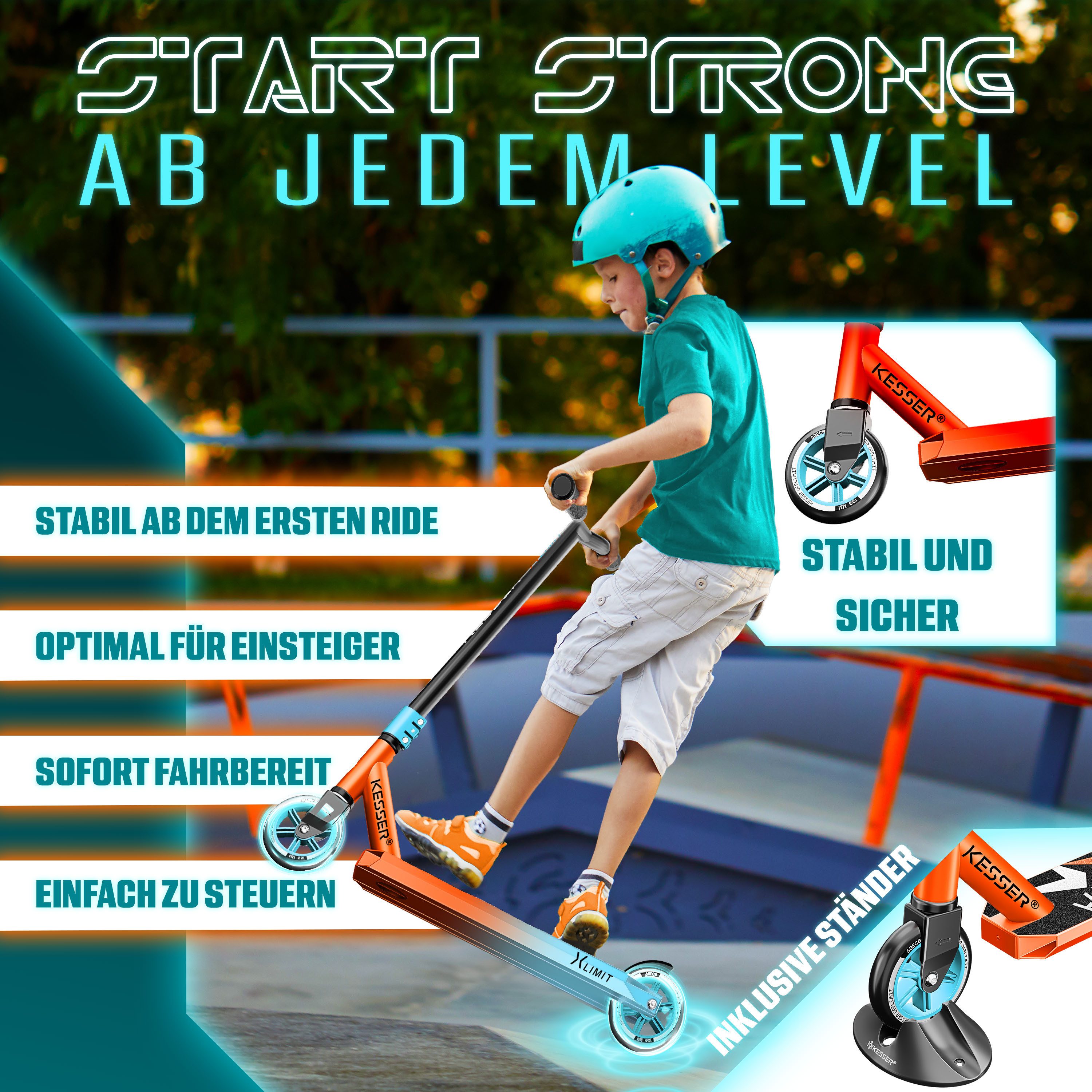 KESSER Stuntscooter X-Limit 360° Lenkung, ABEC9 Kugellagern, 100 mm PU Räder, Freestyle Kickscooter Funscooter für Kinder & Erwachsene