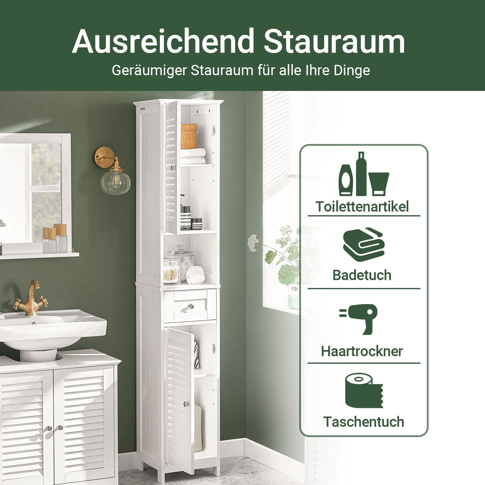 SoBuy Hochschrank FRG236, Badezimmerschrank schmal, Badkommode mit 2 Türen Badezimmer-Hochschrank Badregal Badschrank Badmöbel