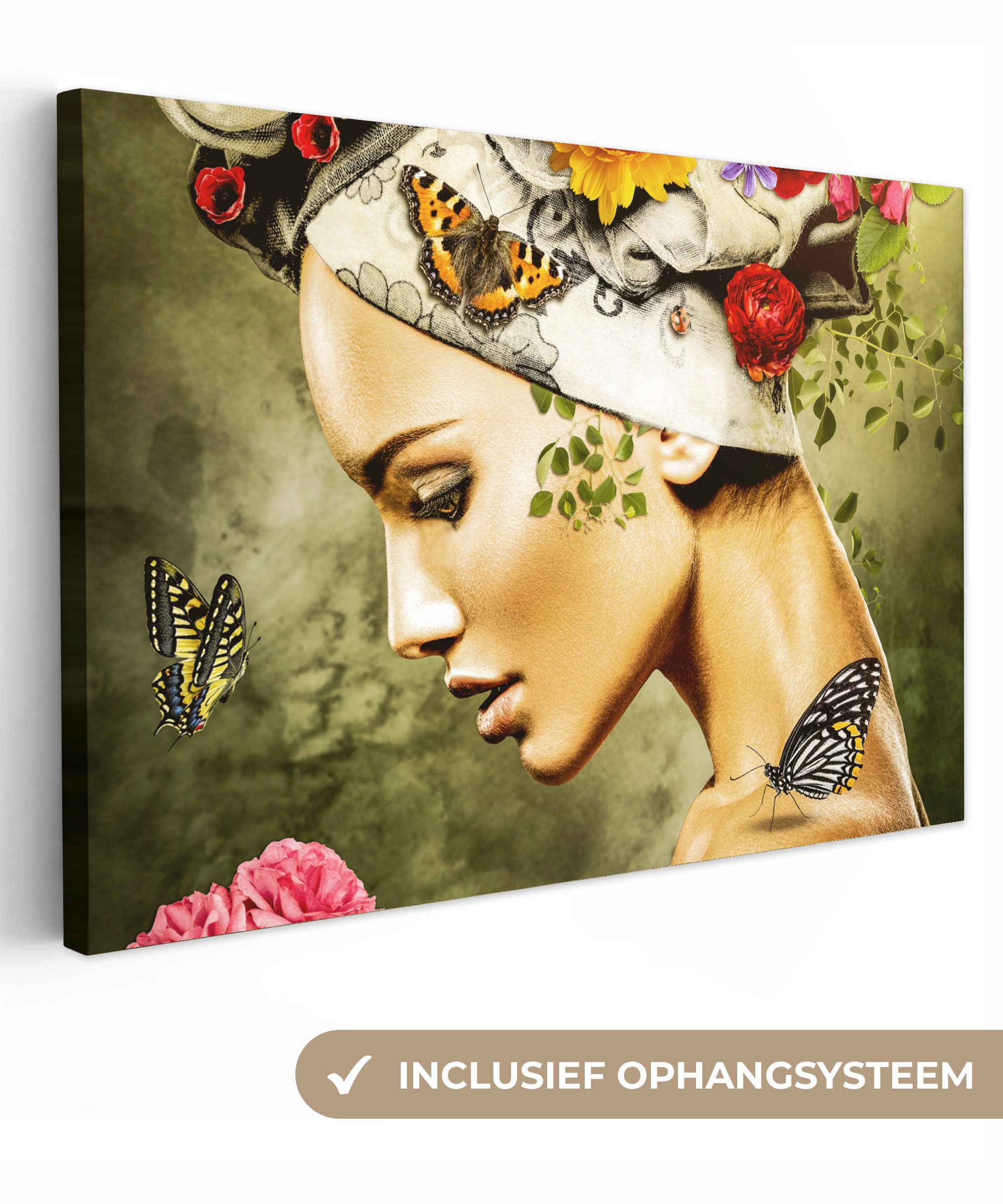 OneMillionCanvasses® Leinwandbild Frau - Blumen - Farben - Schmetterlinge - Rosen - Kopftuch, Fotodruck (1 St), Leinwand Bilder Klein, Wand Dekoration Aesthetic 30x20 cm