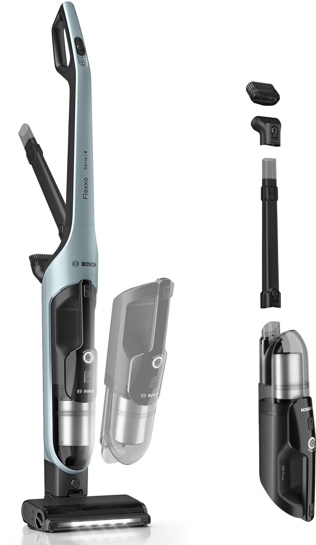 BOSCH Akku-Stielstaubsauger Flexxo Serie 4 BCH4FM28/BCH4SM28, 2in1 Akku-Staubsauger, freistehend, beutellos, kabellos, integriertes Zubehör, beutellos, 60 Min. Laufzeit