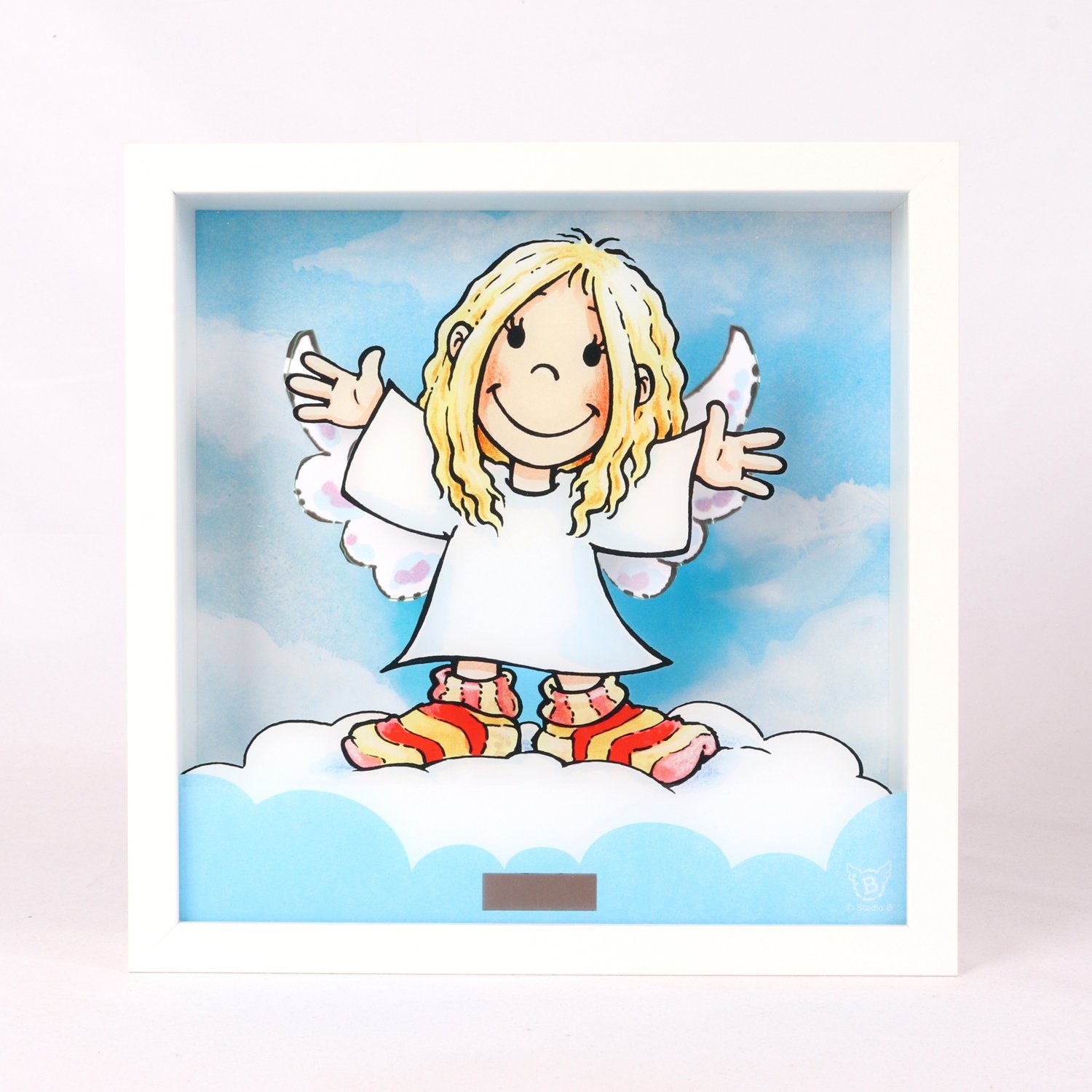 queence Bild mit Rahmen 3D Bild mit Wackelflügeln - Solarbetrieben - Engel, Schutzengel (1 St), 27x27x5 cm - Geschenk - Taufe - Geburt - mit Aufsteller