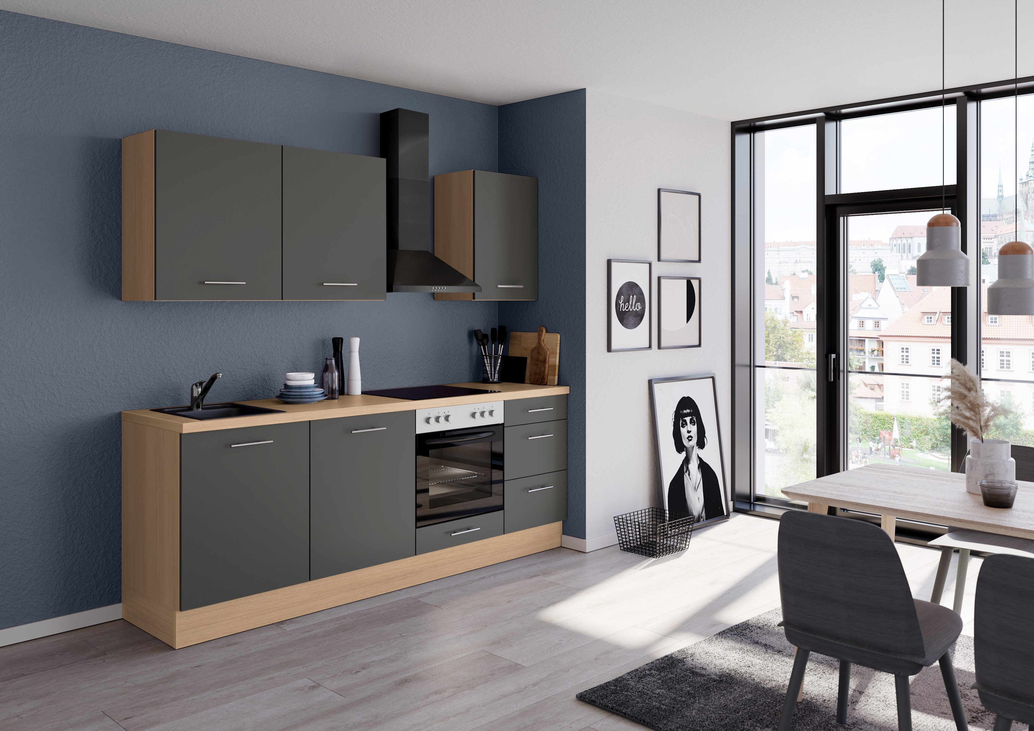 IMPULS KÜCHEN Küchenzeile "Kopenhagen", Ausrichtung wählbar, Schubkästen mit Soft-Close, vormontiert, wahlweise mit E-Geräten, Breite 220 cm