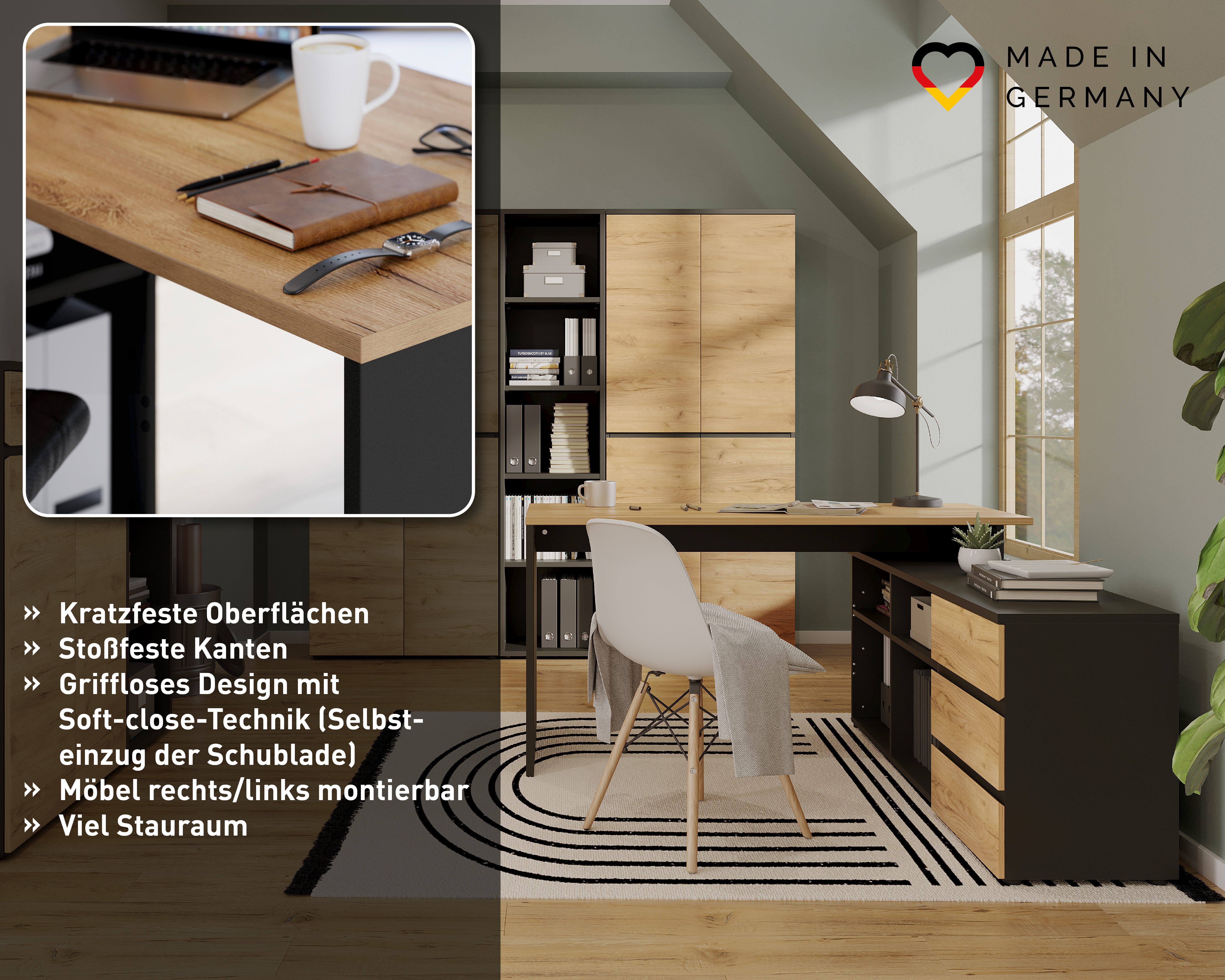 GERMANIA Eckschreibtisch Lissabon, mit integriertem Sideboard, rechts oder links montierbar