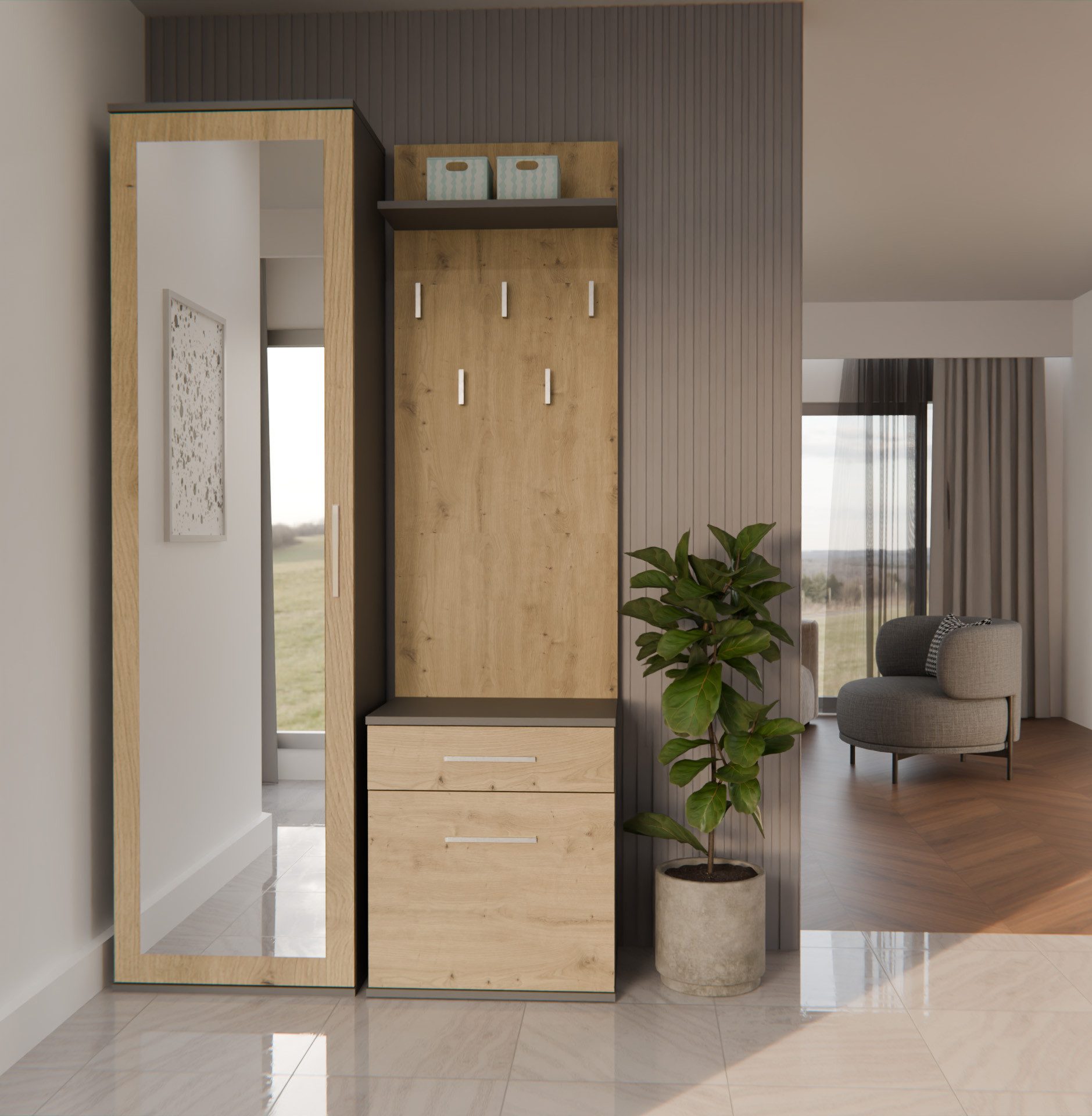 Raumhirsch Furniture Schuhschrank Garderobenschrank für Flur und Eingangsbereich (Kleiderschrank sowie Schuhschrank im SET, mit 5 Haken mit Ablage für Jacken, Taschen und Hüte) verschiedene Farben
