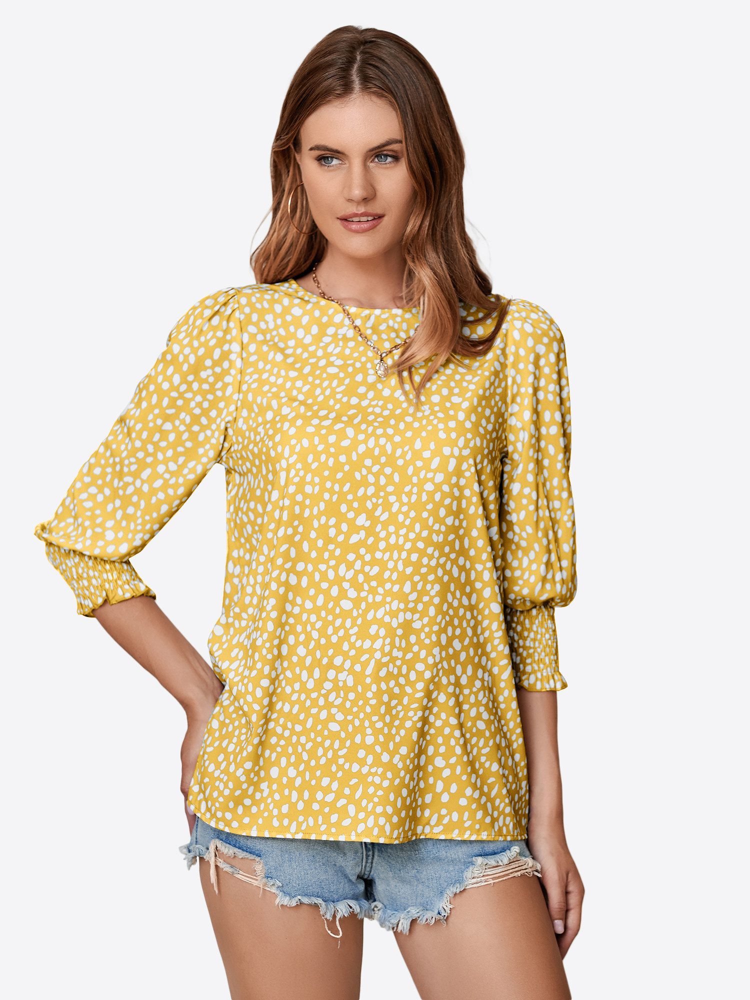 Imily Bela Druckbluse Damen Fleckenmuster Rundhals 3/4-Ärmel Sommer Lässig Alltag (Packung, 1-tlg., 1per-Pack) mit Rundhalsausschnitt Print