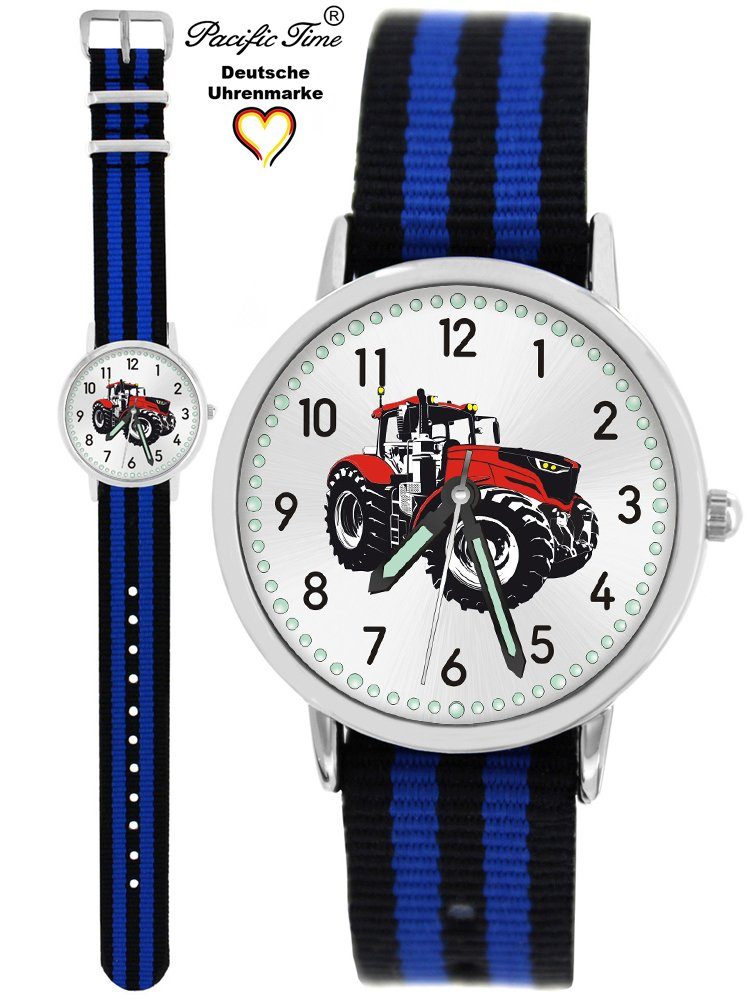 Pacific Time Quarzuhr Kinder Armbanduhr Traktor rot Wechselarmband, Mix und Match Design - Gratis Versand blau schwarz gestreift | Quarzuhren