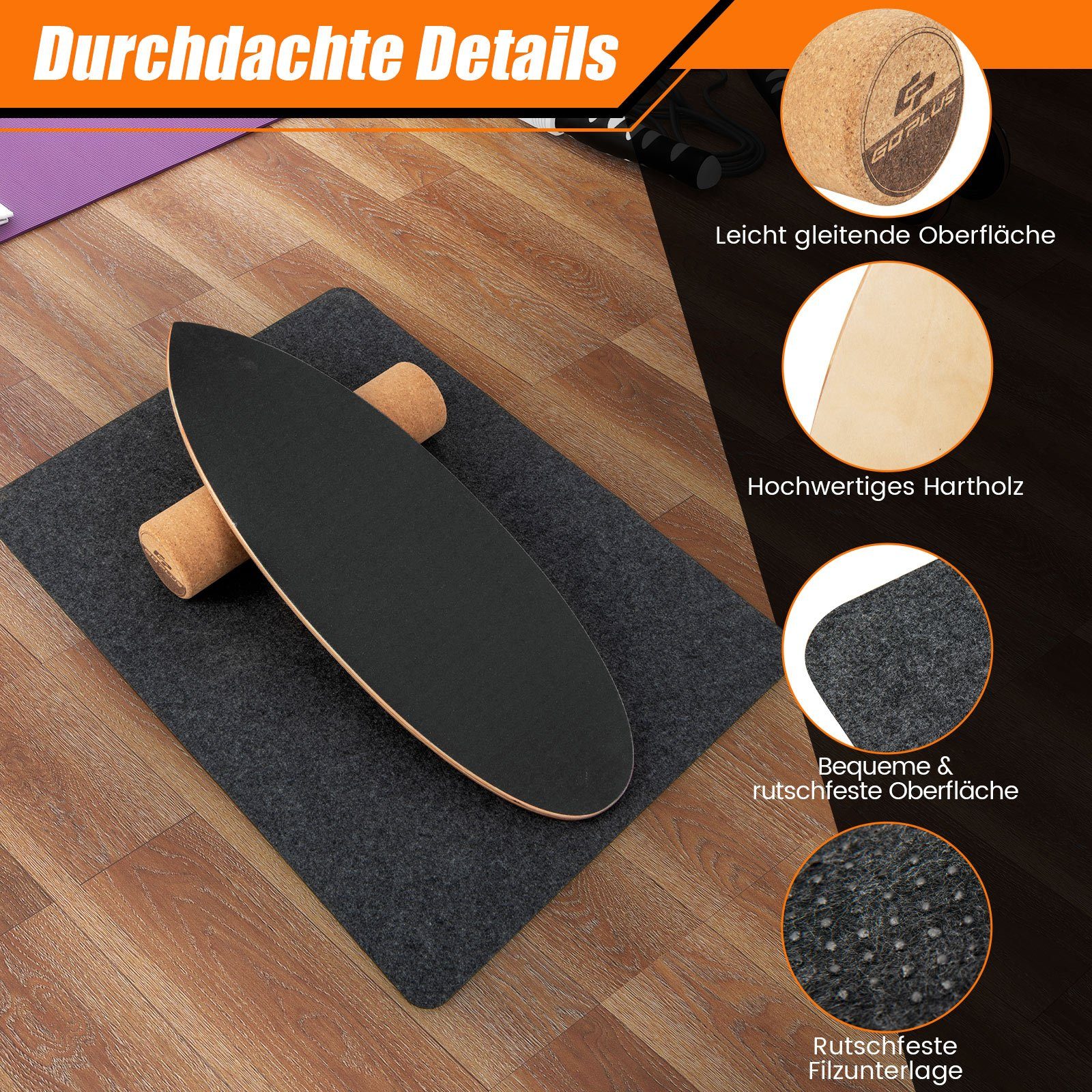 COSTWAY Balanceboard, aus Holz, für zuhause, inkl. Korkrolle, bis 227kg