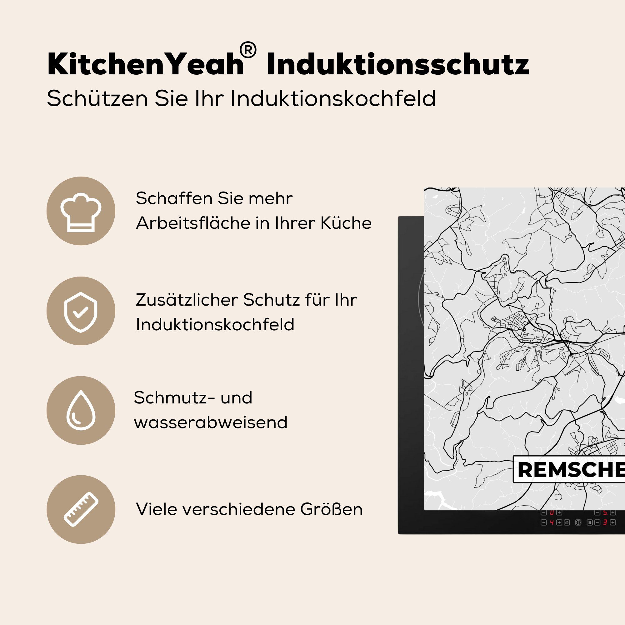 tlg), Arbeitsplatte - cm, Vinyl, Karte Remscheid (1 für Ceranfeldabdeckung, küche - - Karte 78x78 MuchoWow Deutschland, Herdblende-/Abdeckplatte