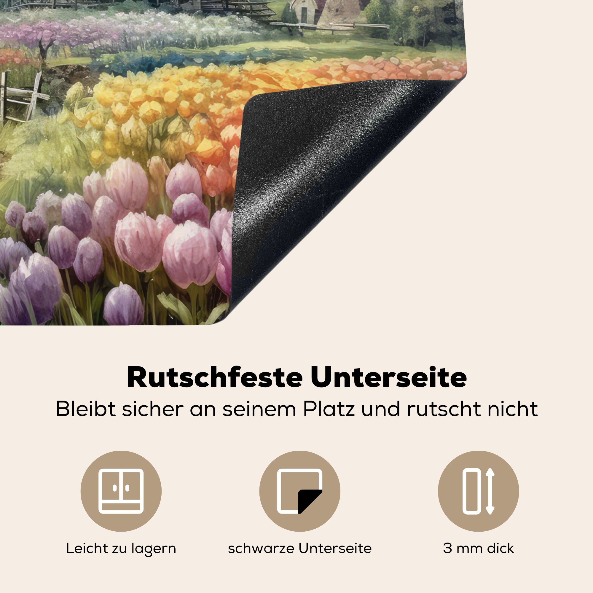 Landschaft Vinyl, tlg), Niederlande - 60x52 Ceranfeldabdeckung - - (1 - Arbeitsfläche Mobile nutzbar, Niederländisch, Herdblende-/Abdeckplatte Blumen Mühle cm, MuchoWow