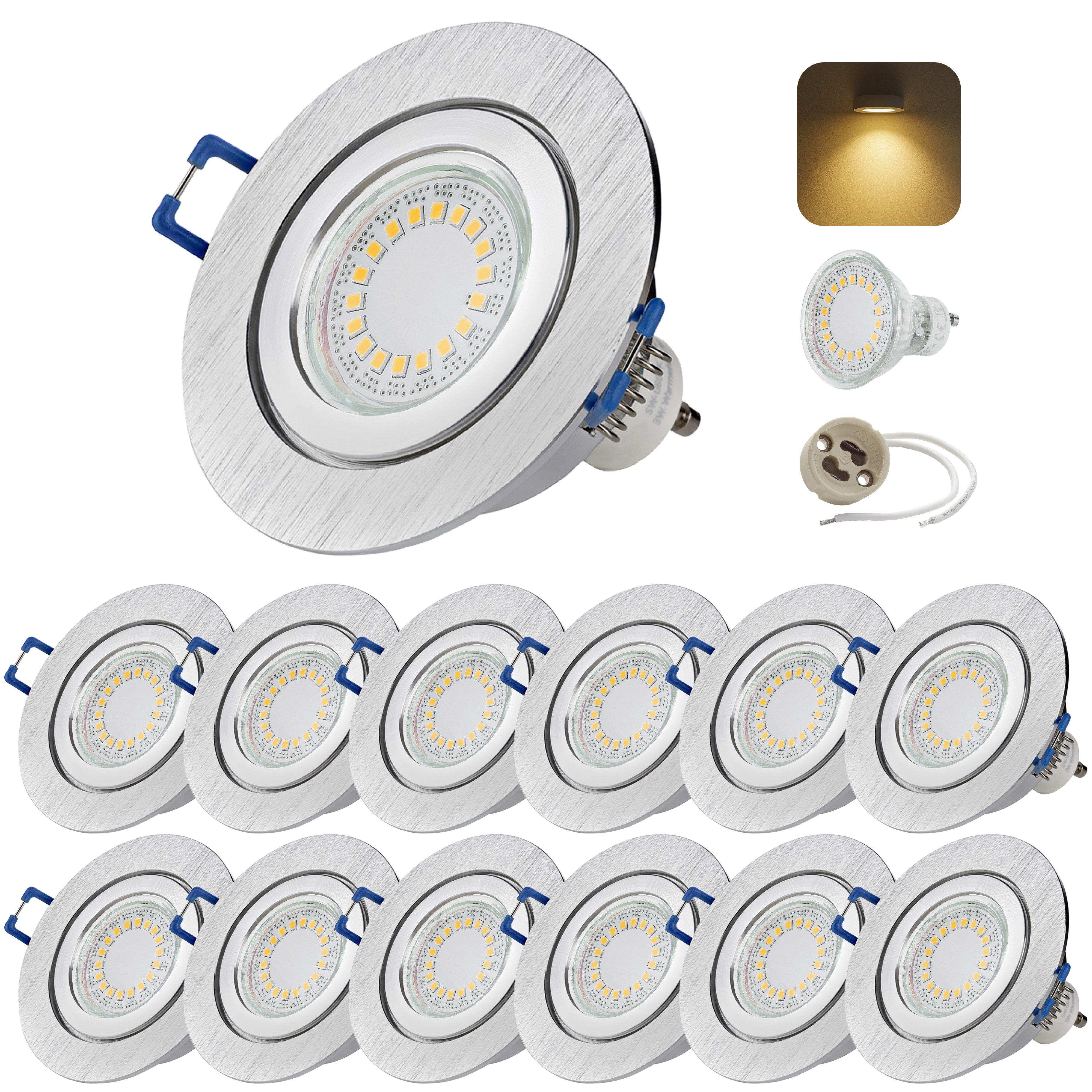 Sweet LED LED Einbaustrahler 12er Set 5W GU10 230V IP44 Silber 3000K Badezimmer Spots Warmweiß Ø68, Deckenspots, Deckenstrahler,Einbauleuchten