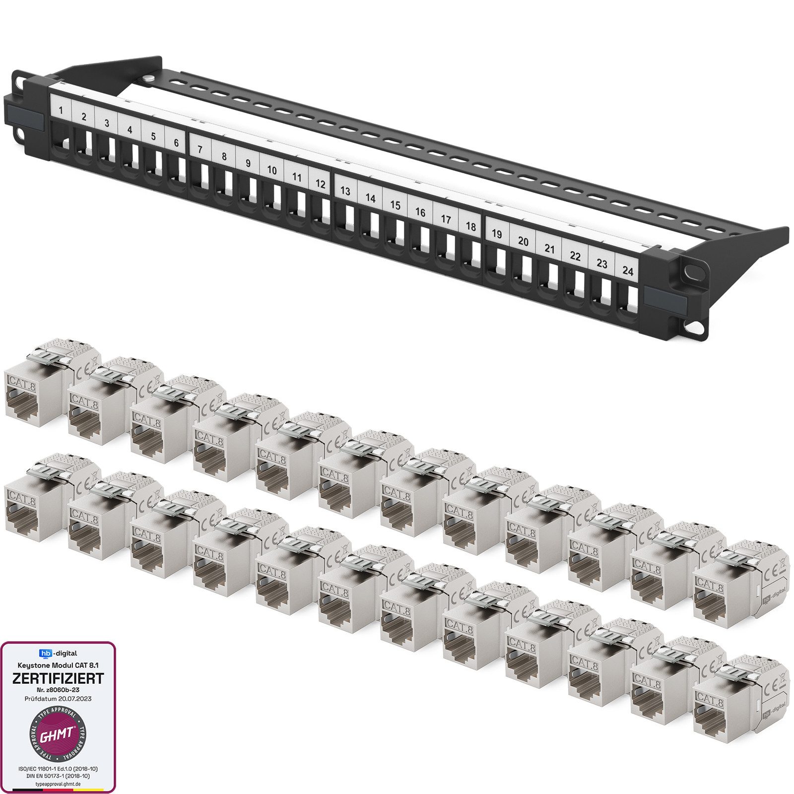 HB-DIGITAL Patchpanel 19 zoll 24-Port mit CAT 8.1 Keystone Module schwarz 1HE Netzwerk-Panel (24 Port CAT 8.1, 1 HE, mit Cat 8.1 Keystone Modul RJ45)