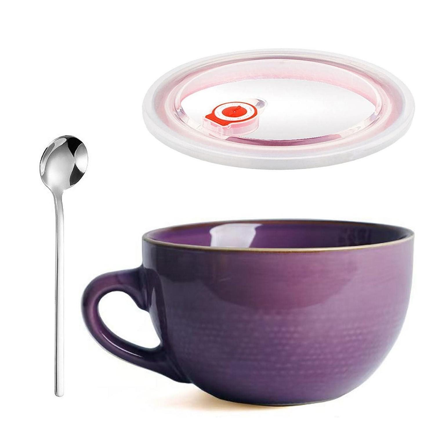 LuxusKollektion Suppenschüssel Müslischale Keramik 700ml Violett mit Deckel & Löffel, Keramik