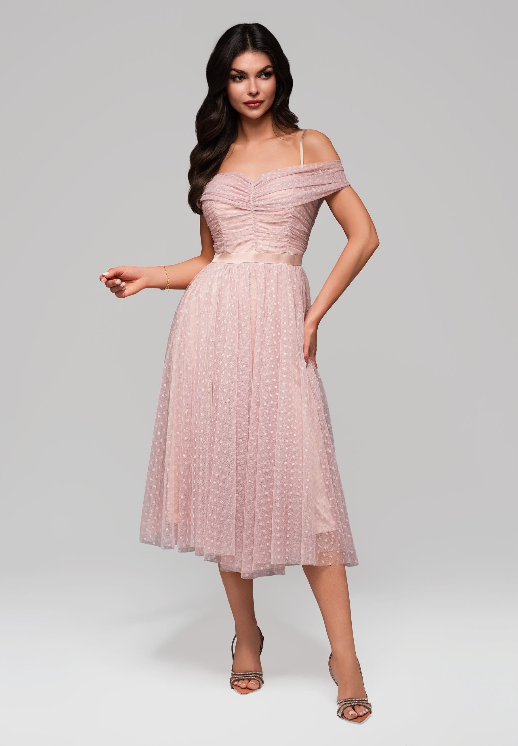 OMBRE Abendkleid Romantisches Off-Shoulder-Midikleid mit Tupfenmuster