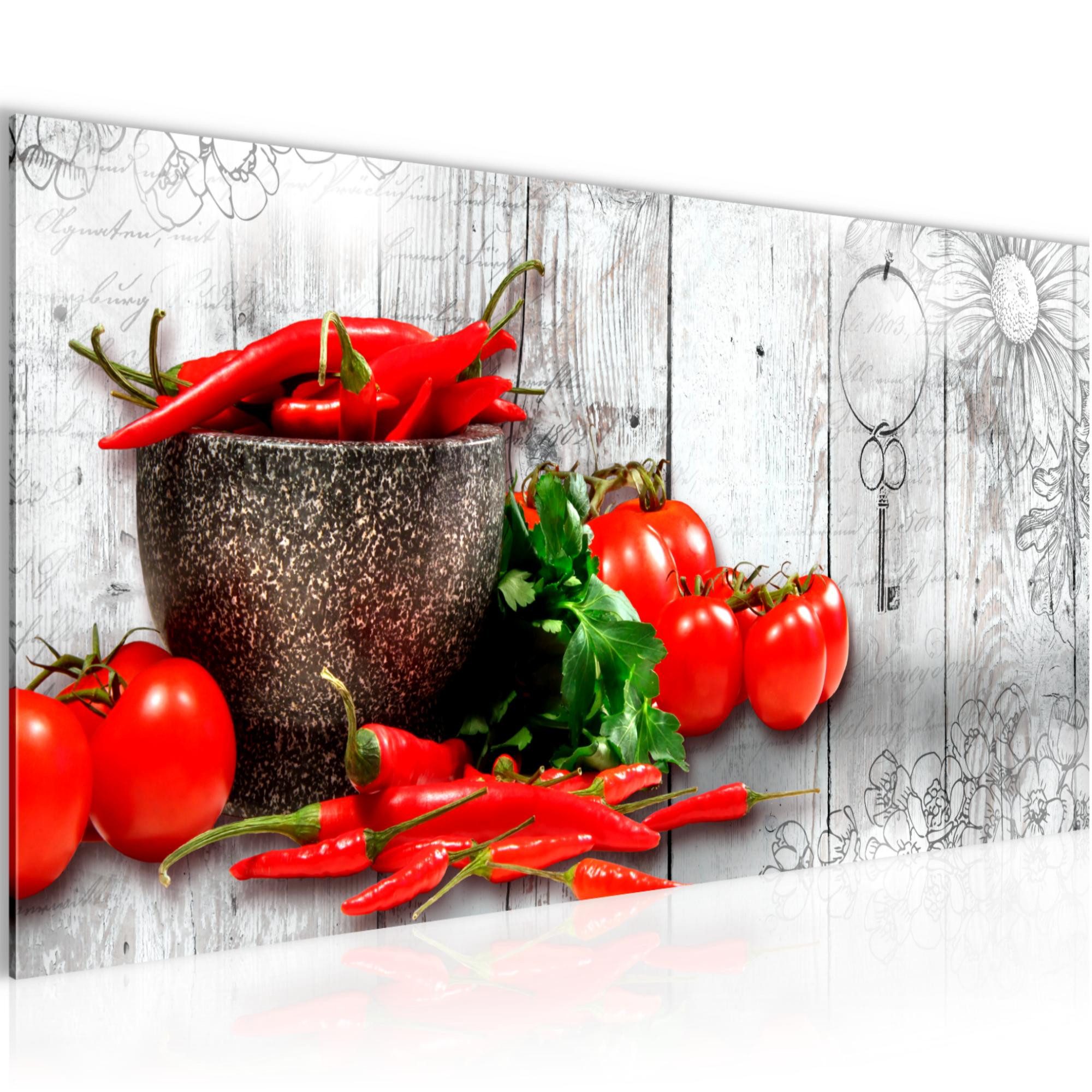 Runa Art Wandbild Küche Gewürze auf Vlies Leinwand Tomaten Chilli Esszimmer 019212c, 100L x 40B cm