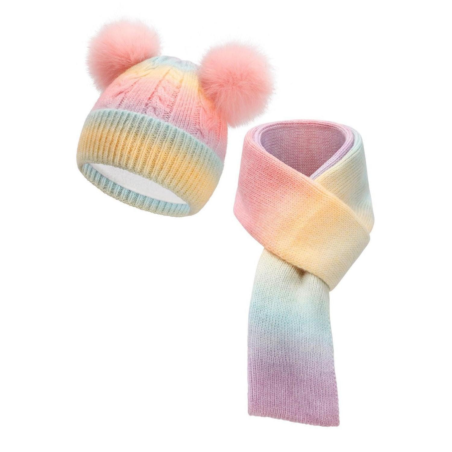 LuxusKollektion Bommelmütze Kinder Winter Mütze Schal Set Doppel Pom Pom Rosa (1-St)