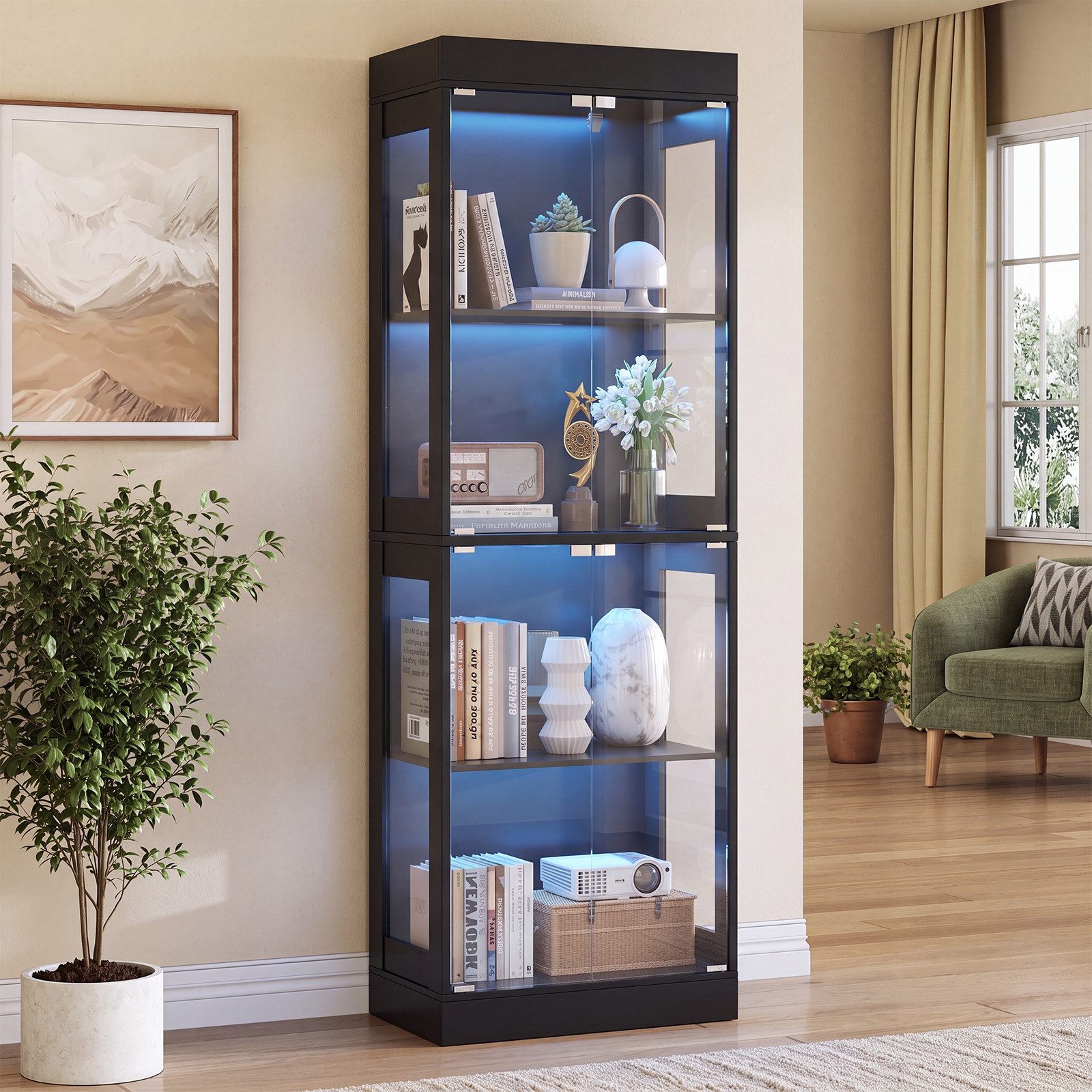 SVEYLXA Vitrine Beleuchtete LED Vitrine mit Glastüren & Regalen in Weiß/Schwarz (1-St) für Wohnzimmer, Küche & Bad, 60×30×178cm