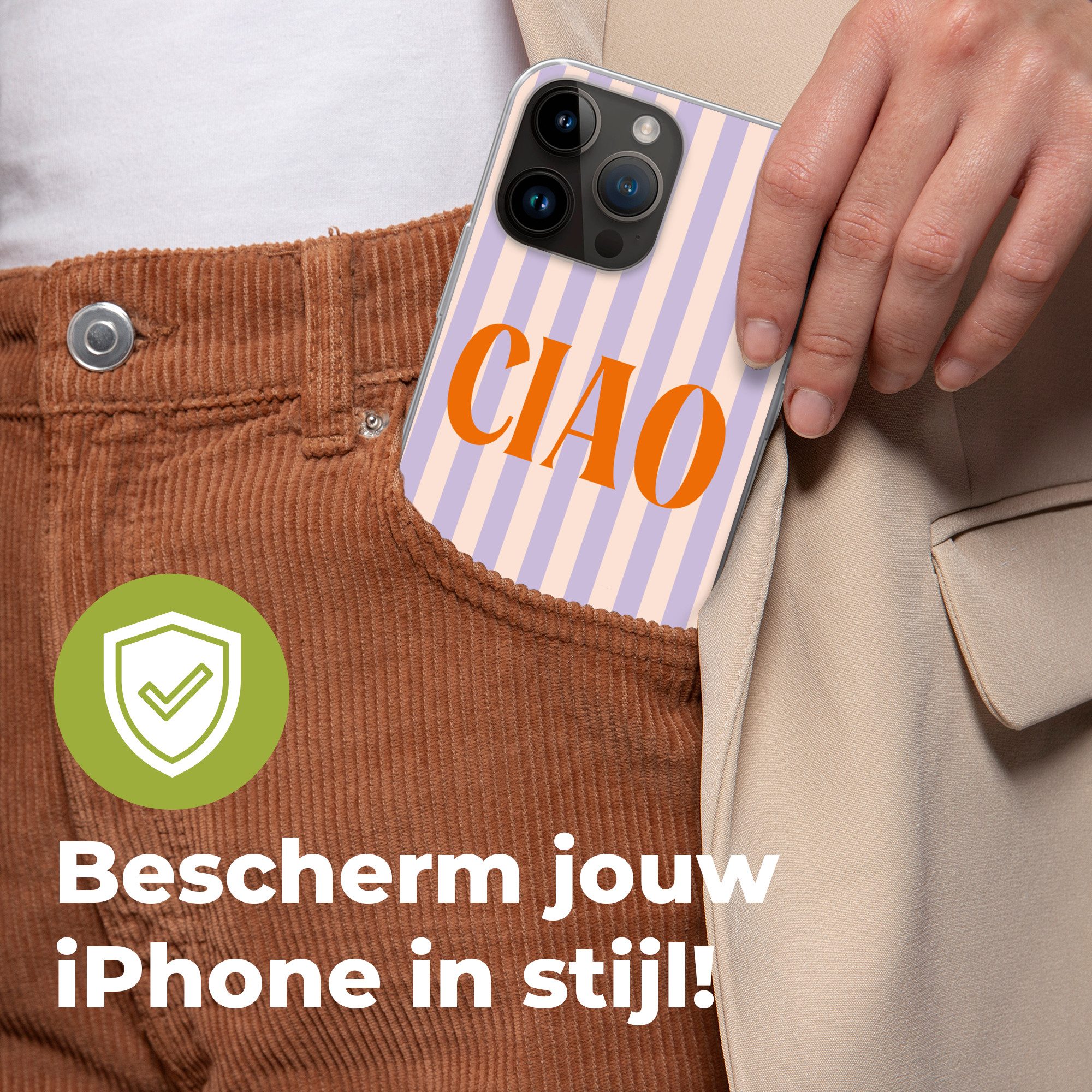 MuchoWow Handyhülle für Apple iPhone 14 Pro Max Ciao - Zitat - Pastell - Streifen, Smartphone-Bumper, Print, Handy Schutzhülle Dünn