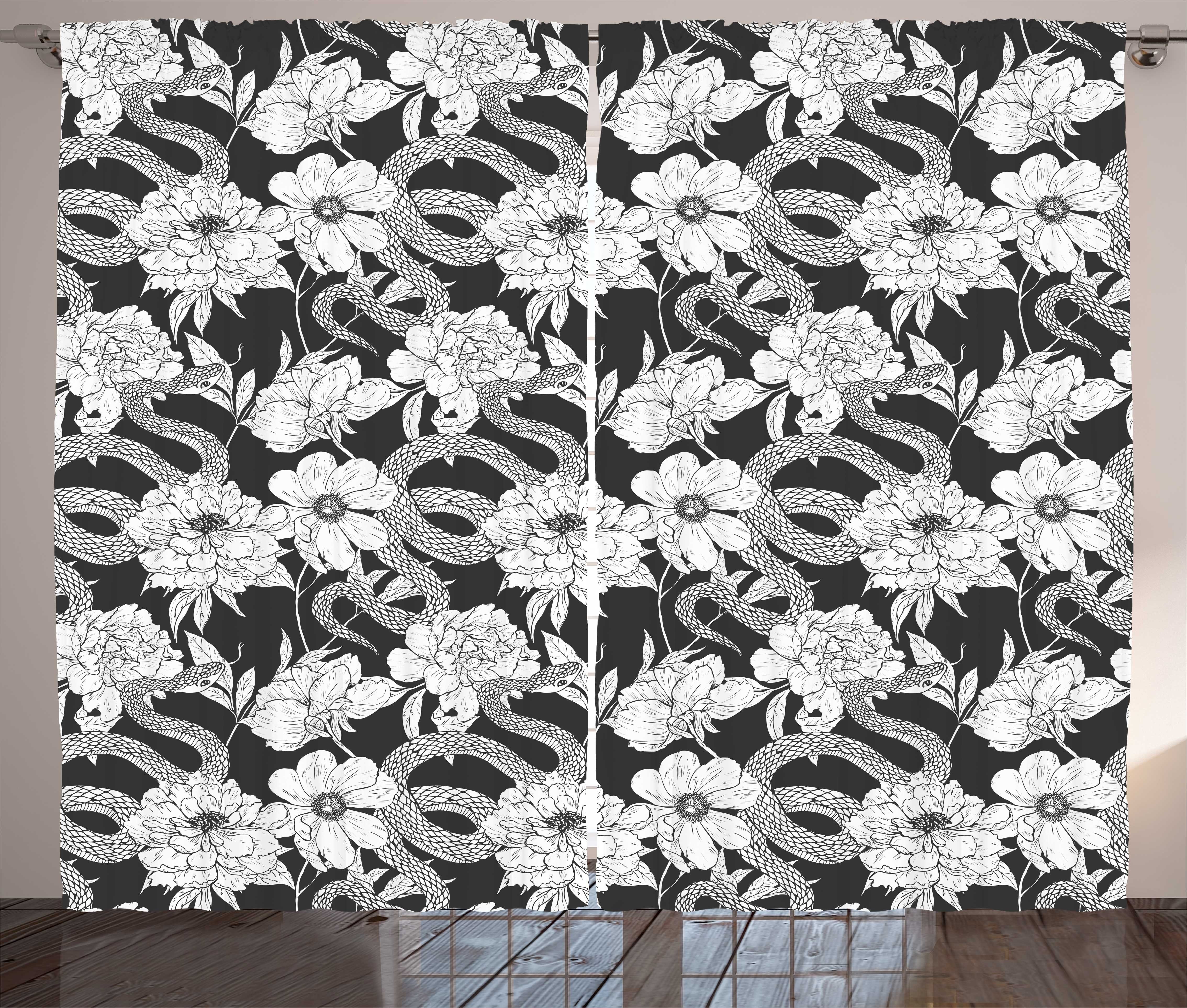 Gardine Schlafzimmer Kräuselband Vorhang mit Schlaufen und Haken, Abakuhaus, Botanik Blühende Blumenblätter mit Schlangen