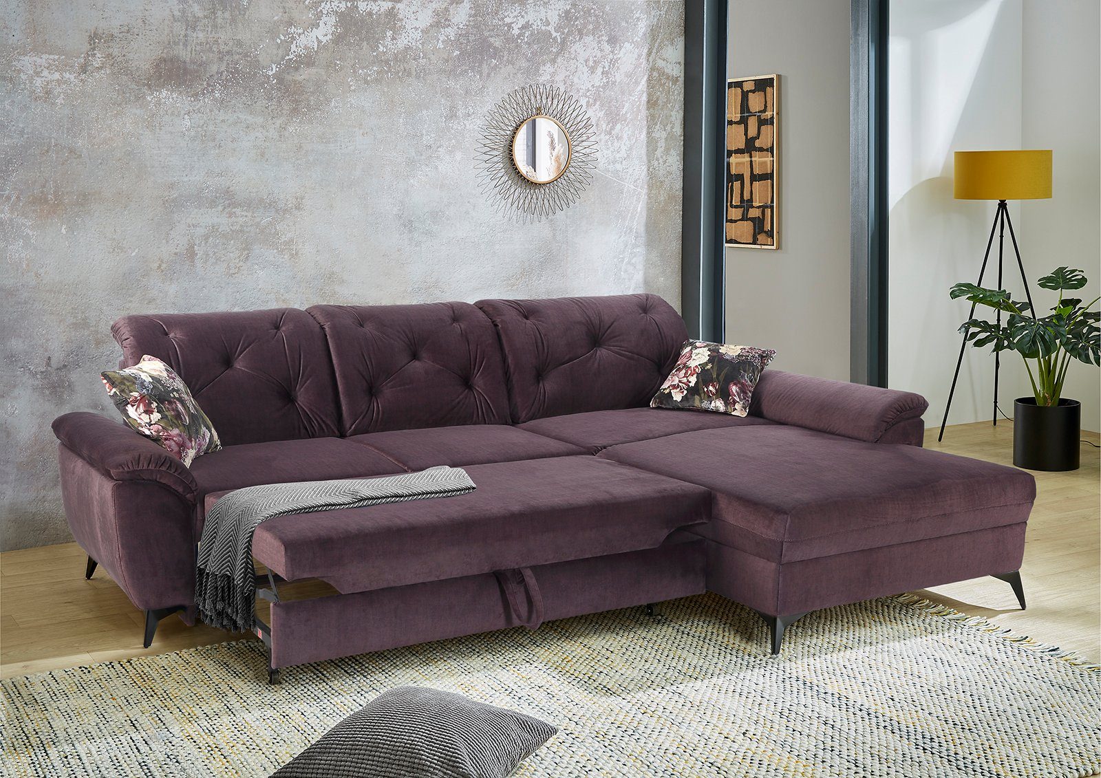 aubergine Kopftützen, Relaxfunktion aubergine Studio, 3 Jockenhöfer | verstellbare individuell, Gruppe Ecksofa Bettfunktion,