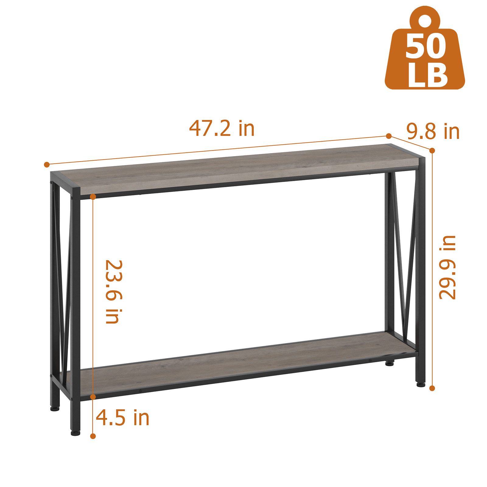 GarveeMore Konsolentisch Schmal Holz Konsolentisch,mit Stauraum, Holz und Metall Couchtisch