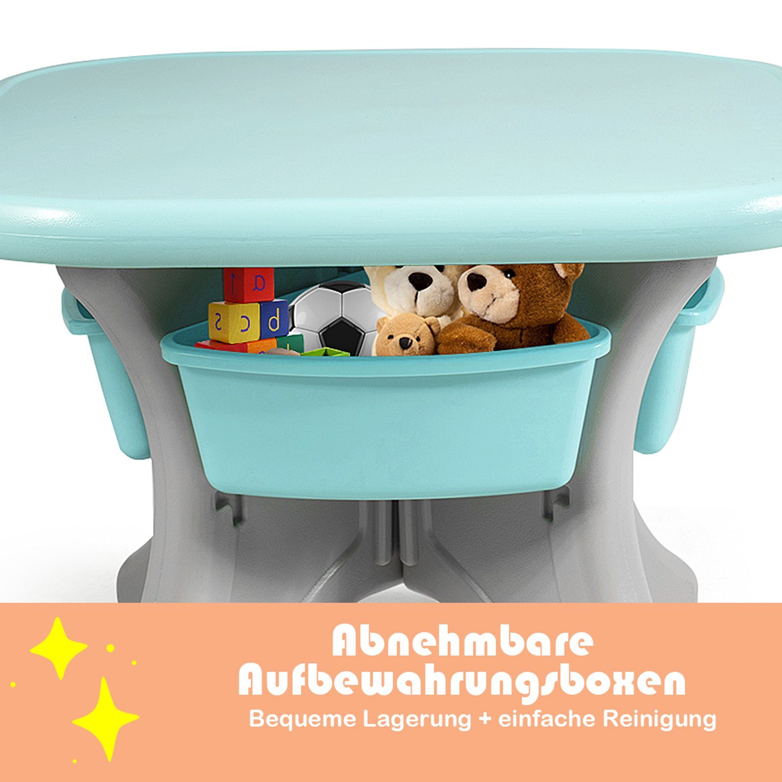 2 mit Grün COSTWAY Stühlen&Kindertisch, Kunststoff Stauraum, mit Kindersitzgruppe,