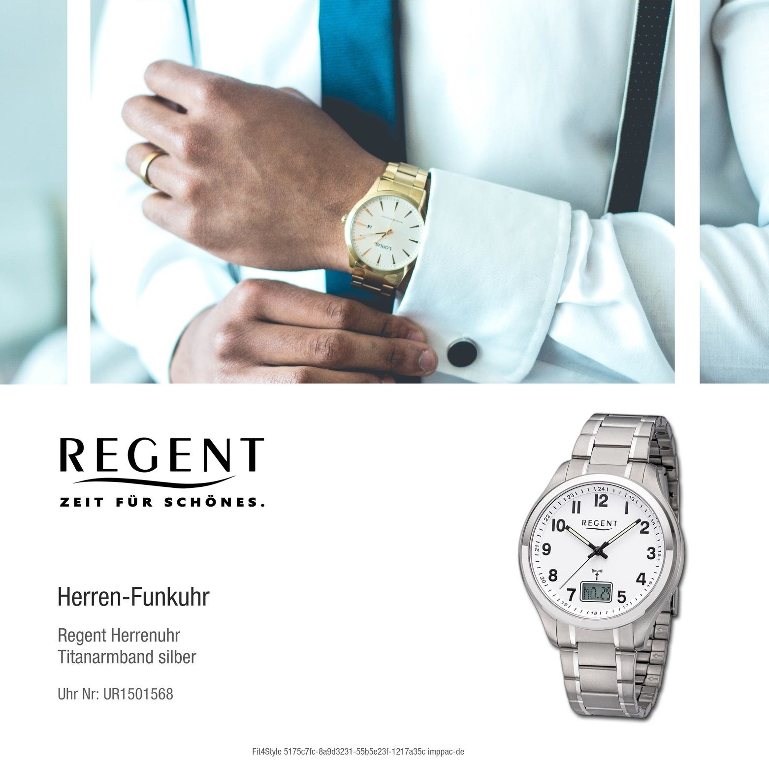 Regent Funkuhr Regent Herren Funkuhr Herren Analog-Digital, Titanarmband groß rund, (ca. 42mm), Funkuhr weiß extra