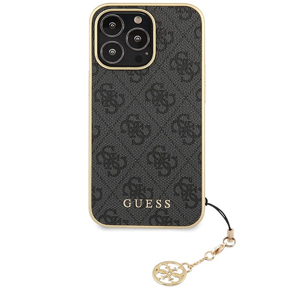 Guess Handyhülle Schutzhülle Anhänger, Goldfarbener Charm-Anhänger, 4G-Musterdruck, Kunstleder-Optik