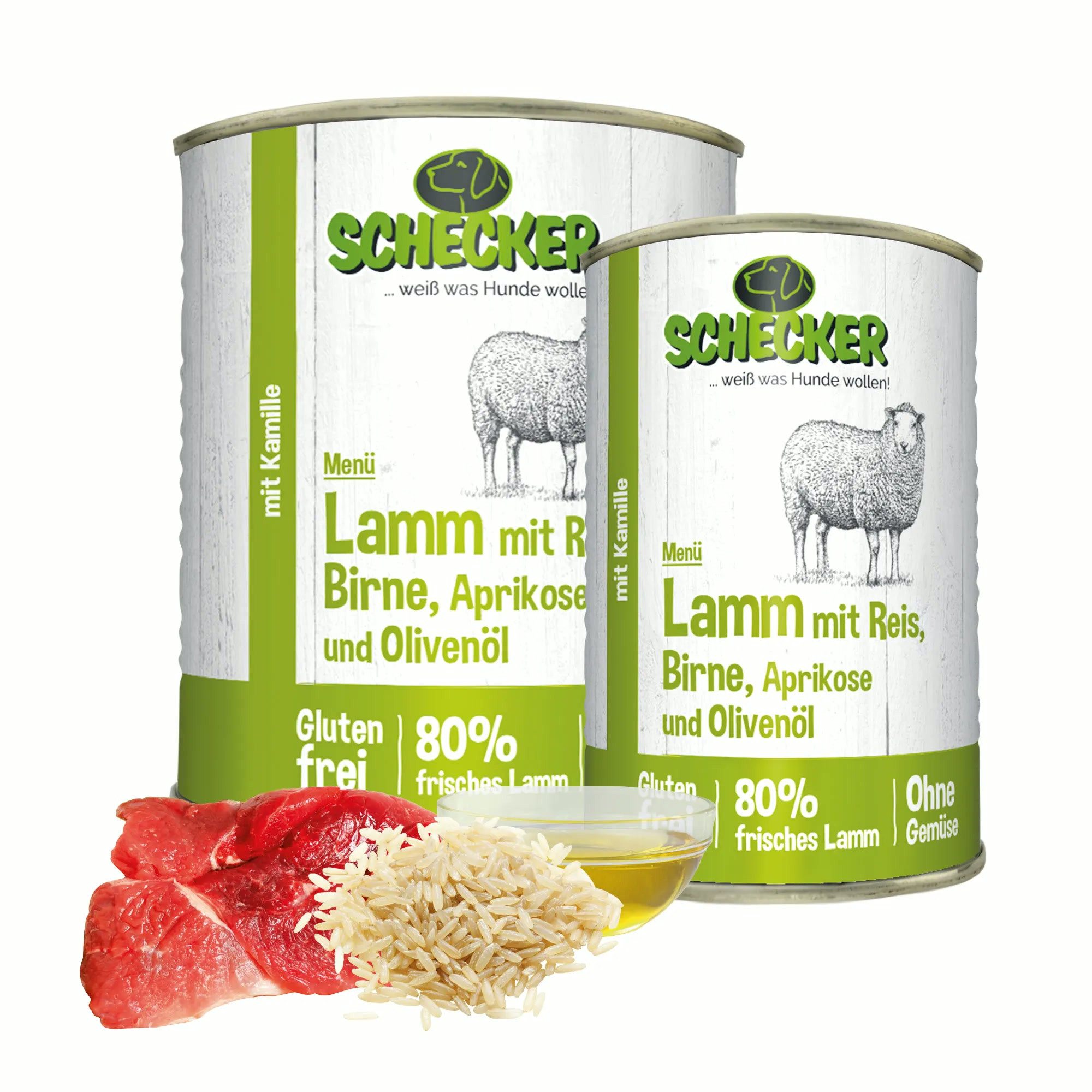 Schecker Hundemenü Lamm mit Reis, Birne, Aprikose und Olivenöl, Nassfutter für: Hunde, mit Kamille, glutenfrei, 80% frisches Lamm, ohne Gemüse