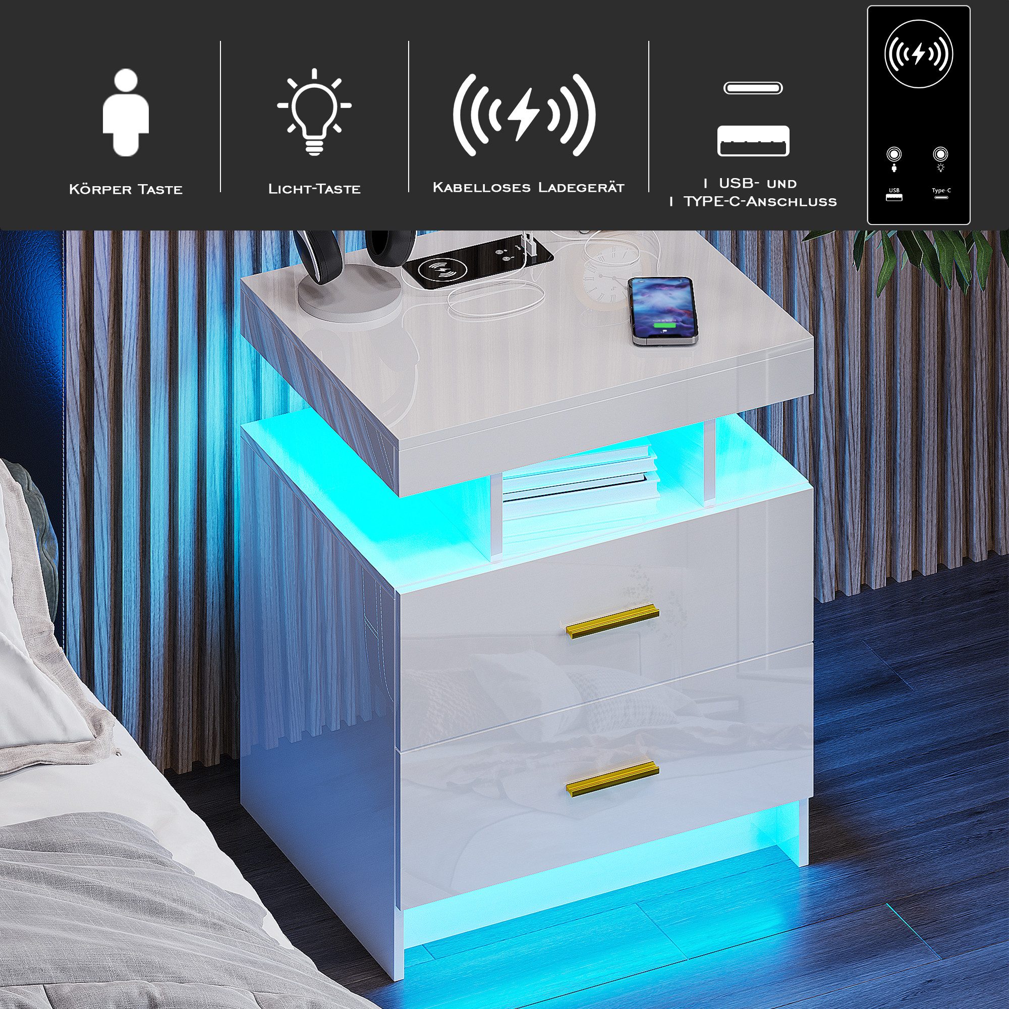 LVifur Nachttisch mit LED-Licht und Sensor, 2 Schubladen, USB&Type-C, kabelloses Laden (1-St), 3 Farben Dimmbares Licht, 40T x 50B x 58H cm, Hochglanz Weiß