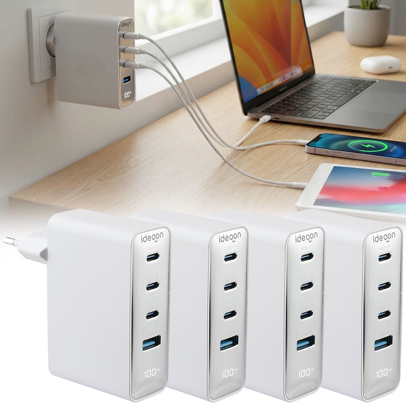 shop'n smile ideoon USB-Ladegerät 4 Ports 3x USB-C&1x USB-A Schnellladegerät LED-Display USB-Ladegerät (4-tlg., GaN III Technologie)
