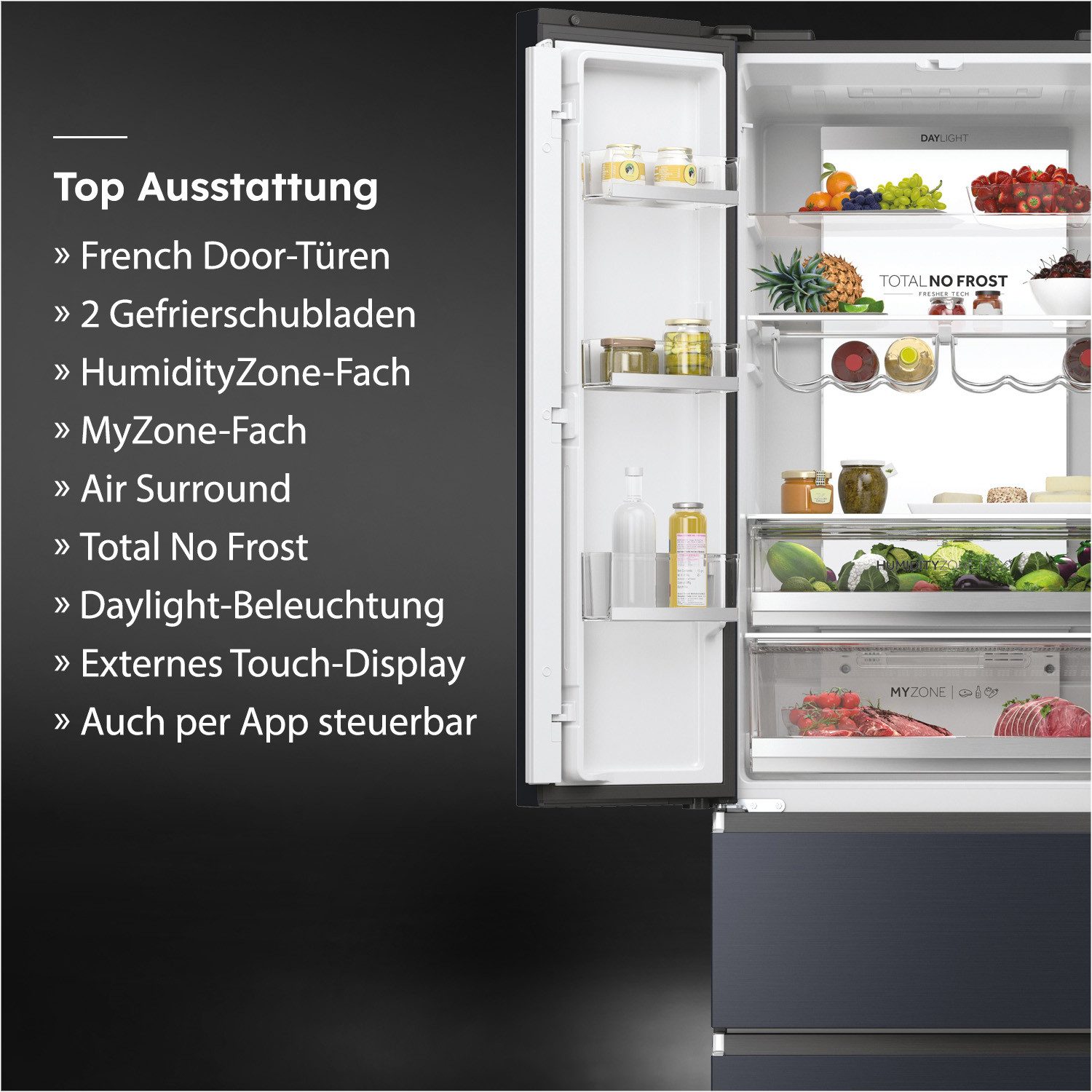 Haier French Door French Door 70 HFW7720ENMB, 200,6 cm hoch, 70 cm breit, 201 cm hoch, 70 cm breit, Easy Access-Gefrierschubladen