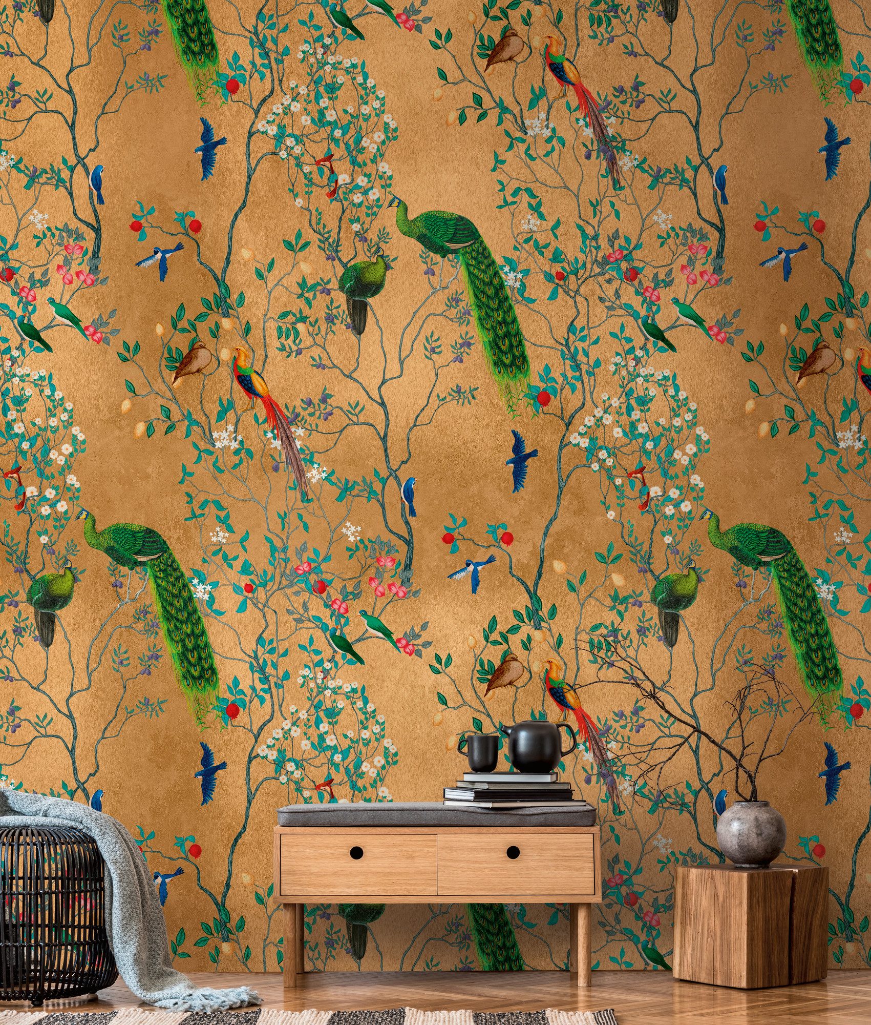 living walls Fototapete THE WALL III Vogel-Tapete Motivtapete Floral Vögel, günstig online kaufen