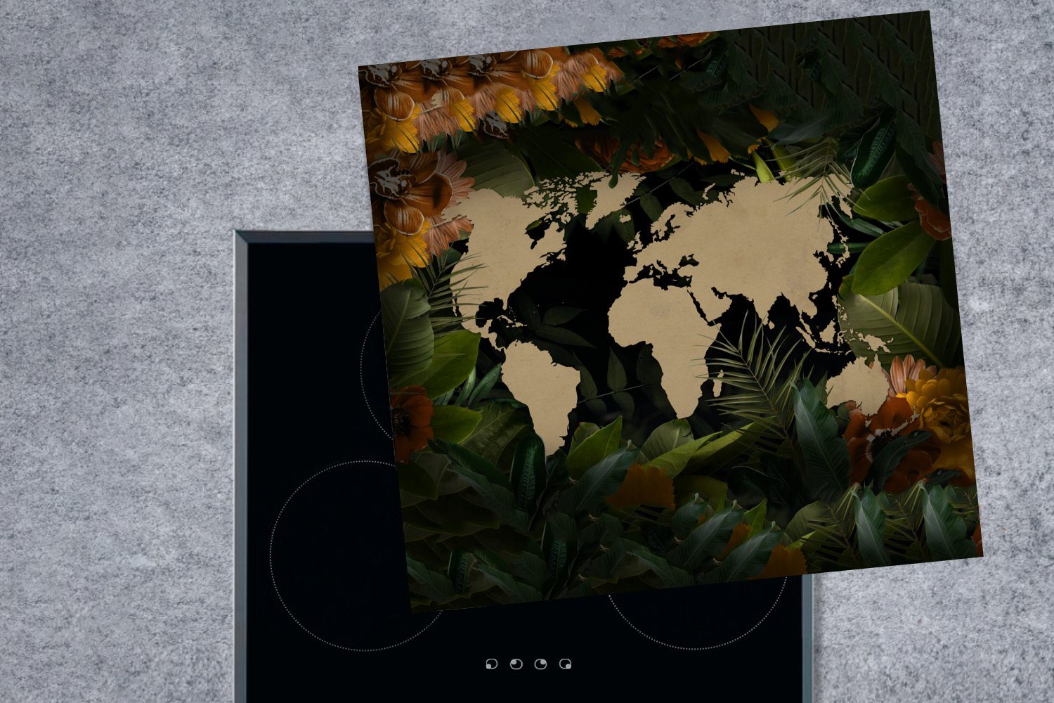 - Blumen, cm, Herdblende-/Abdeckplatte tlg), Weltkarte Ceranfeldabdeckung, küche (1 Arbeitsplatte - MuchoWow Vinyl, für 78x78 Einfach