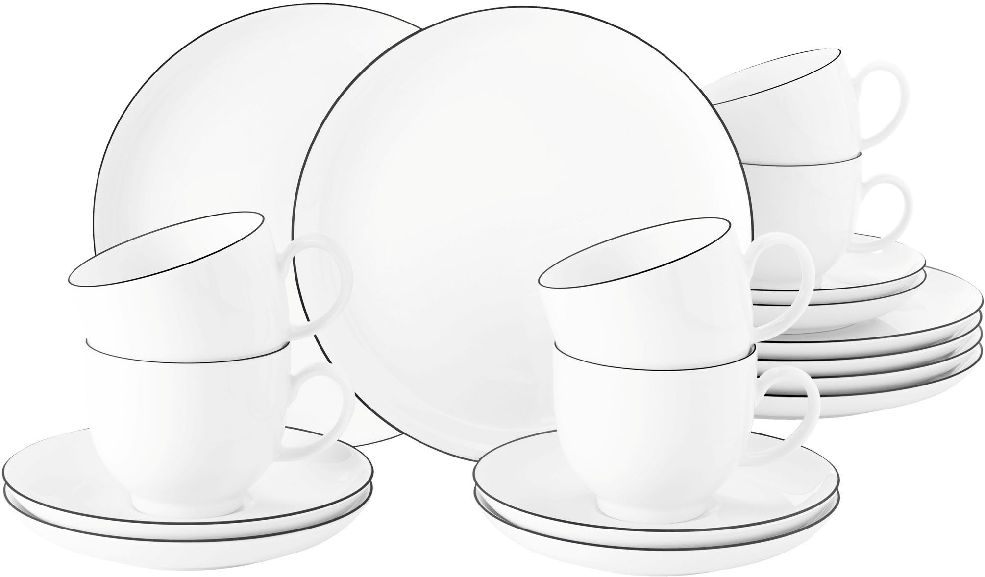 Seltmann Weiden Кофейный сервиз Geschirr-Set, Service Lido Black Line (18-tlg), 6 Personen, Porzellan, Tassen, Untertassen, Teller, 18 Teile, für 6 Personen, Made in Germany
