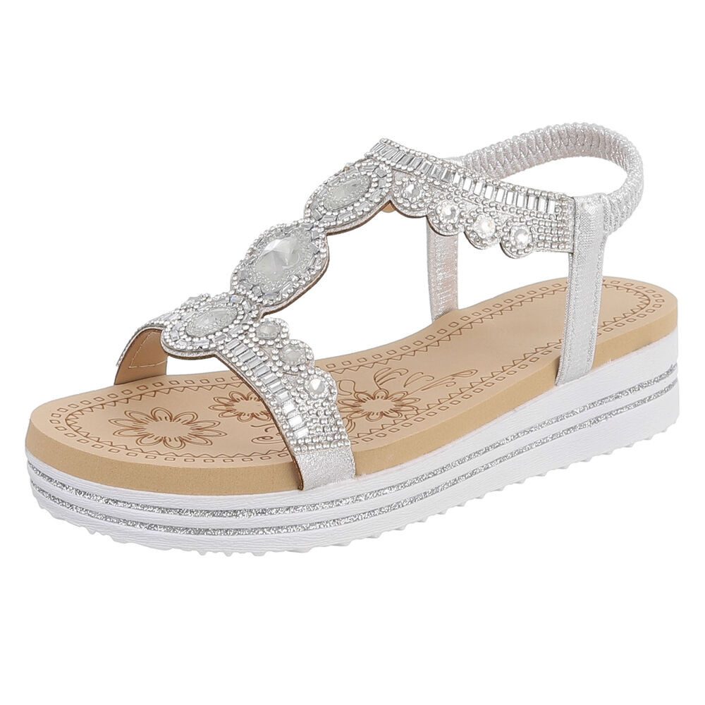 Ital-Design Damen Sandalette mit Schmucksteinen und Plateau Plateausandaletten (91970801) Keilabsatz/Wedge Keilsandaletten in Silber