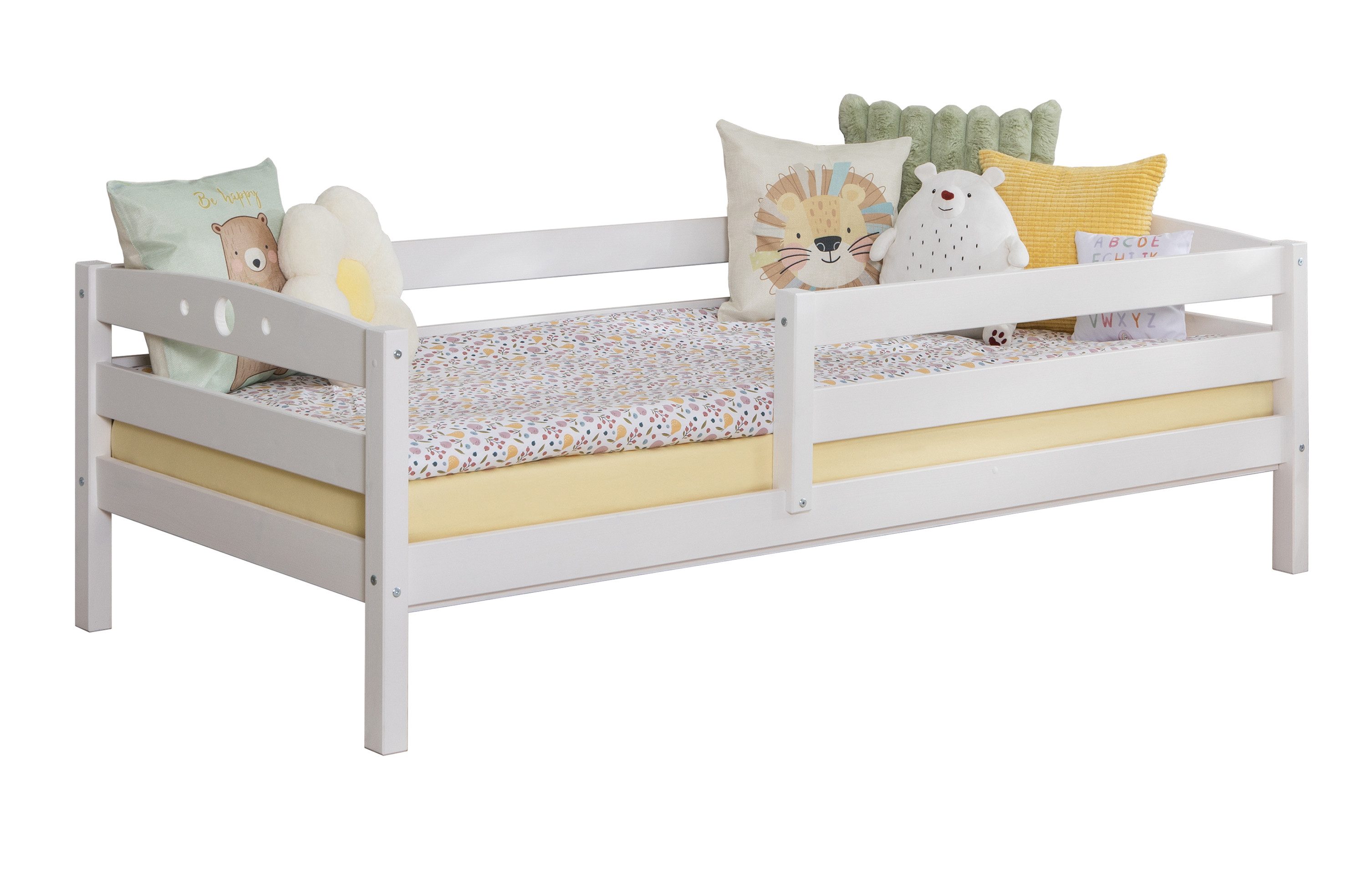 Ticaa Kinderbett Massivholzbett Eli Daybett Kinderbett Jugendbett (90x200 aus Kiefer Massivholz), mit Rausfallschutz, Weiß