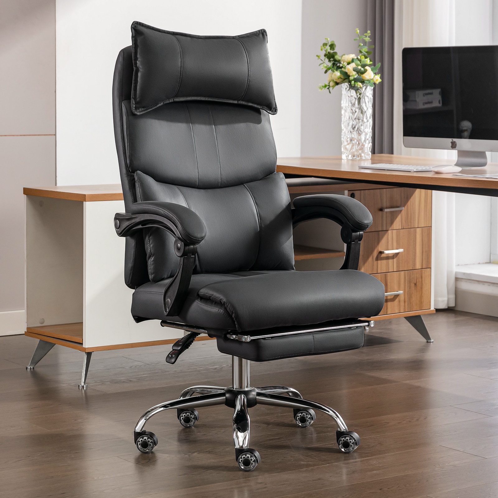 SeedWave Bürostuhl Ergonomischer Bürostuhl mit Fußstütze, Kopfstütze und Lendenstütze, Chefsessel bis 150 kg belastbar, 145° Verstellbare Rückenlehne