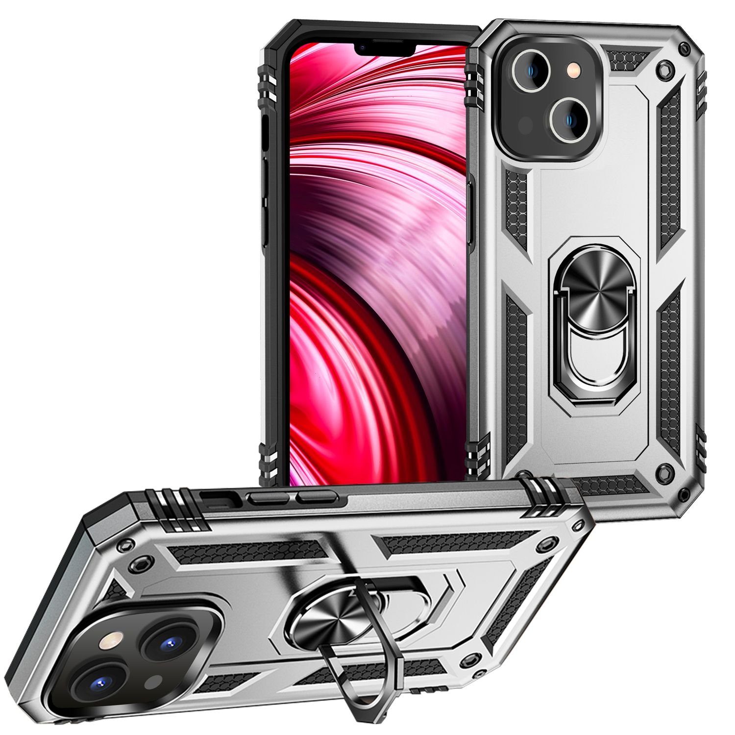 Nalia Smartphone-Hülle Apple iPhone 14 15,5 cm (6,1 Zoll), Stoßfeste Military-Style Ring Hülle / Extrem Schützend / Outdoor Case