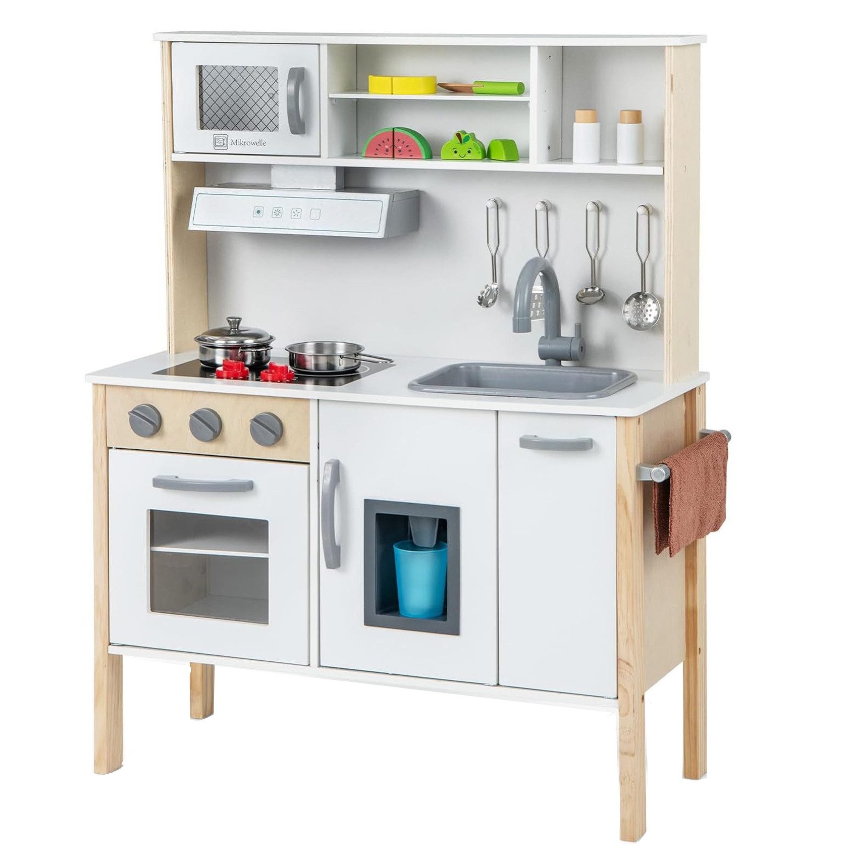 KOMFOTTEU Spielküche Kinderspielküche Holzküche, mit Mikrowelle & Dunstabzugshaube & Herd & Spüle & Backofen
