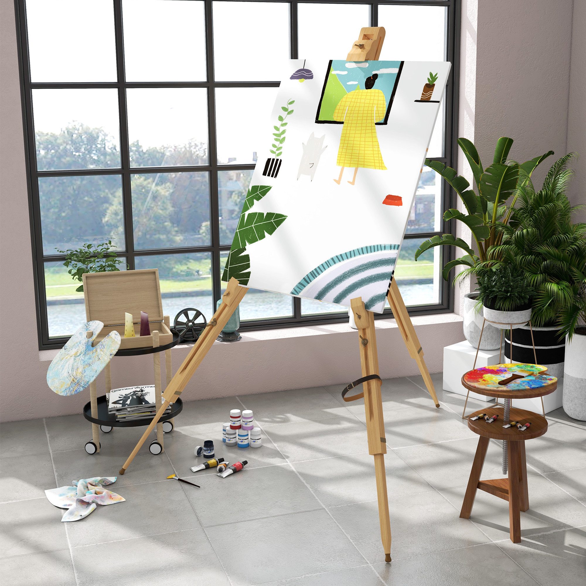 Vinsetto Staffelei Klappbare Feldstaffelei, Stativ Staffelei, aus Buchenholz, Natur, Naturholz 93 x 84 x 183cm