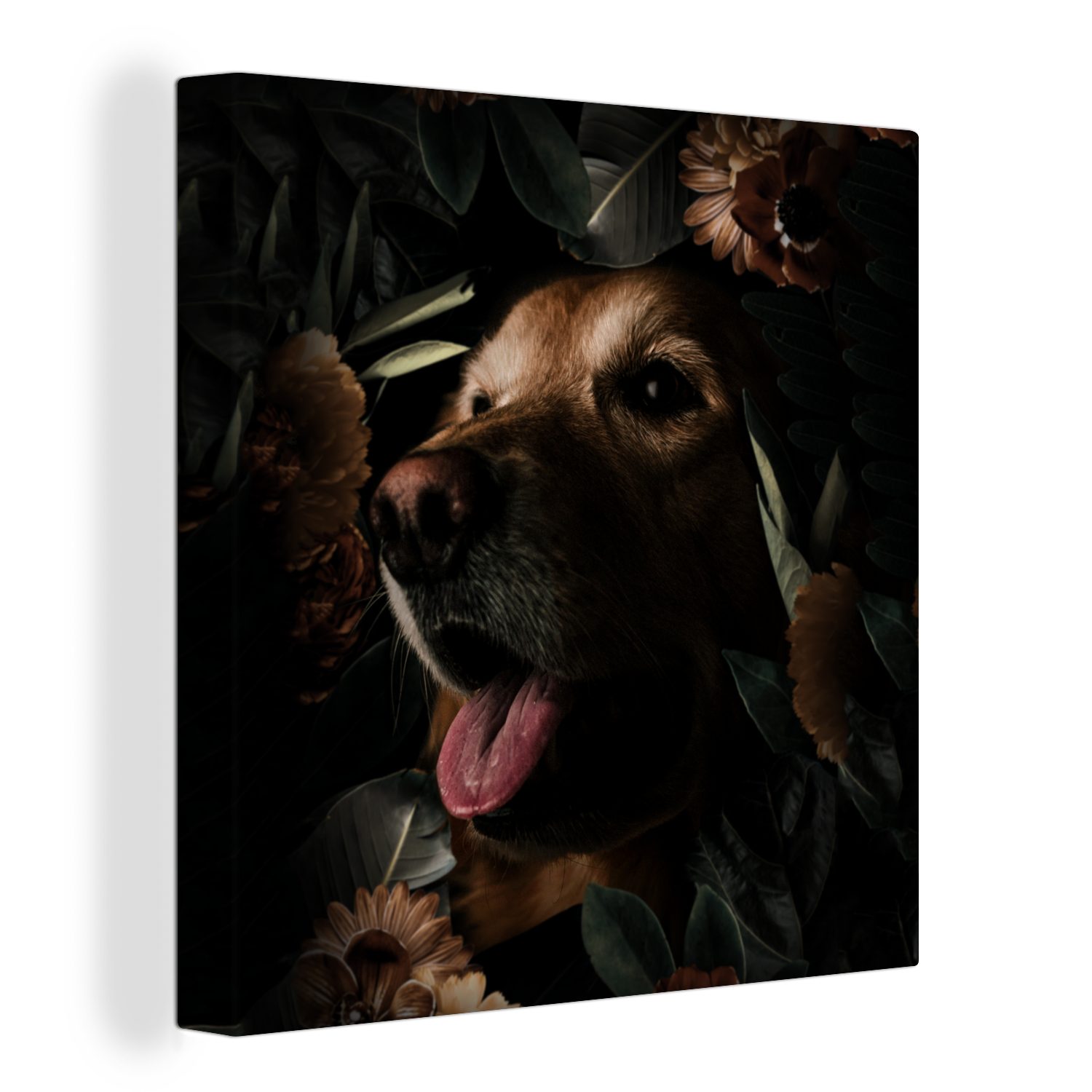OneMillionCanvasses® Leinwandbild Wohnzimmer Leinwand Hund - Blumen - Botanisch, (1 Bilder Schlafzimmer St), für