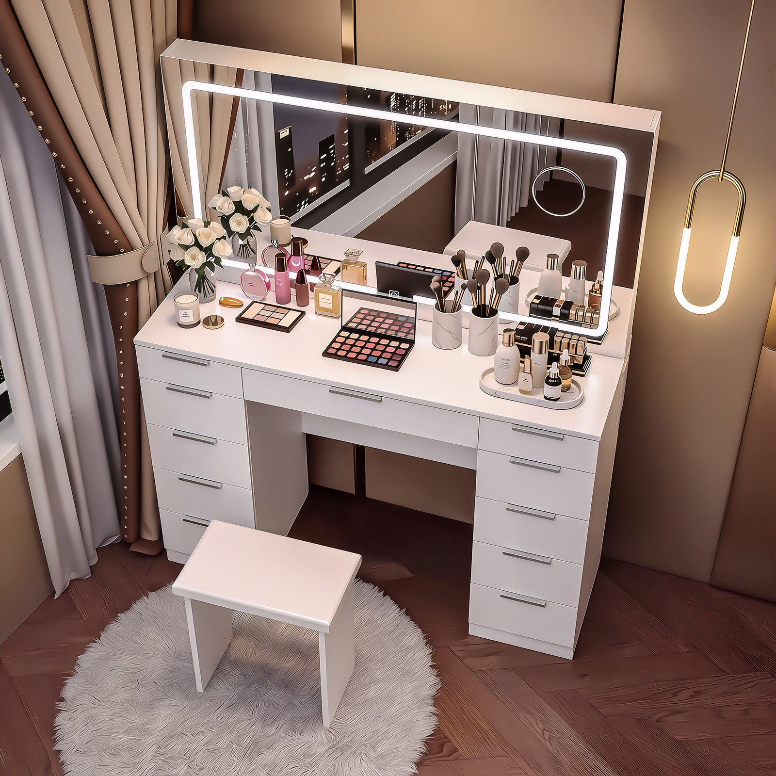 oyajia Schminktisch Kosmetiktisch mit Hocker & LED-Beleuchtung (Einstellbare drei Farbtemperaturen, um Ihr perfektes Make-up zu präsentieren), Mit 11 Schubladen,Steckdosen,Großer Spiegel