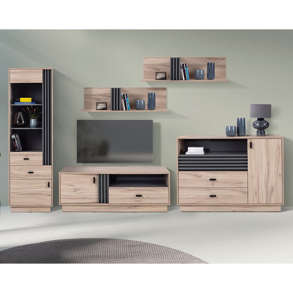 Lomadox Wohnzimmer-Set ANTIGUA-133, (Mega-Spar-Set, 5-St., Vitrine Kommode Lowboard Wandregal), in Eiche mit anthrazitfarbenen Details, viel Stauraum