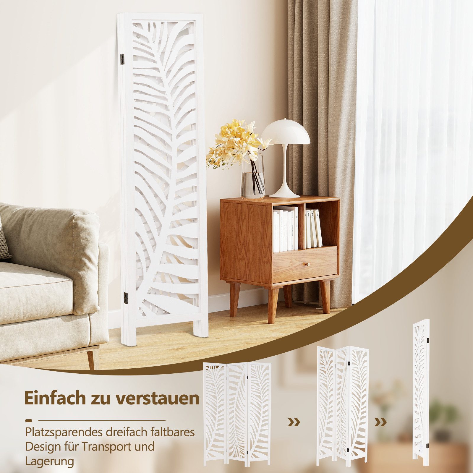 COSTWAY Paravent, 170x121cm, 3 tlg. Raumteiler Paulowniaholz klappbar