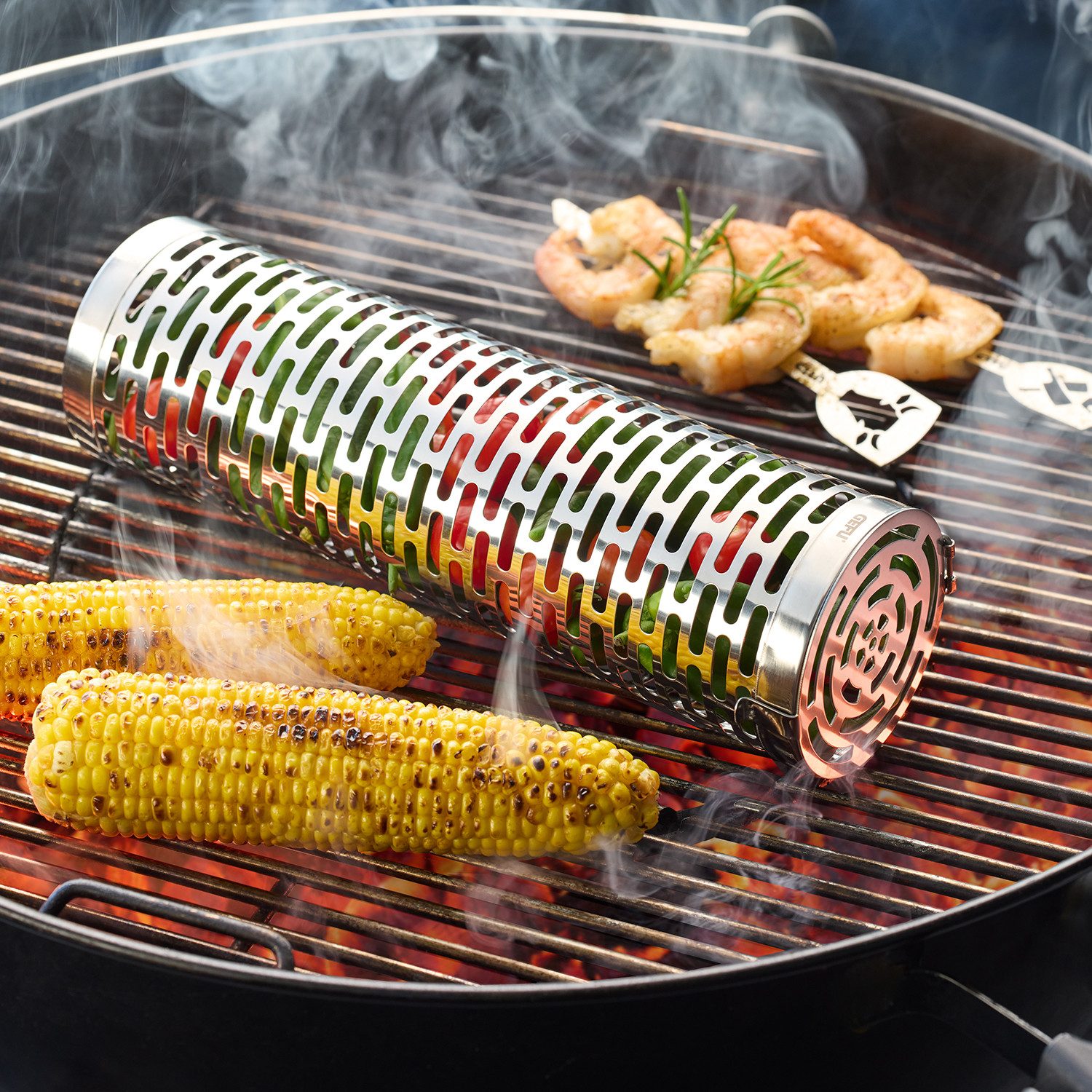 GEFU Grillguthalter BBQ, mit Rollfunktion und Klappdeckel, Edelstahl, (1-St), für gleichmäßige Hitzezirkulation und alle Grillarten