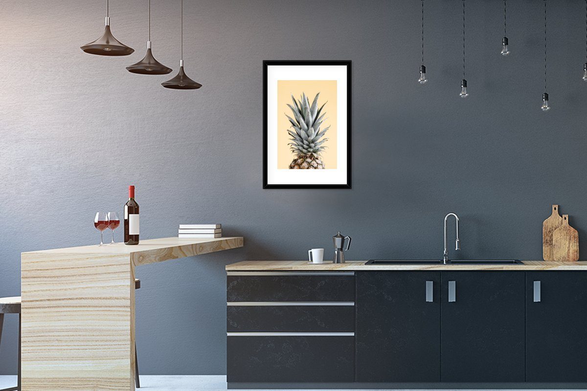 MuchoWow Poster Ananas - Obst - Stilleben - Gelb, (1 St), mit Rahmen, Kunstdruck, Gerahmtes Poster, Schwarzem Bilderrahmen