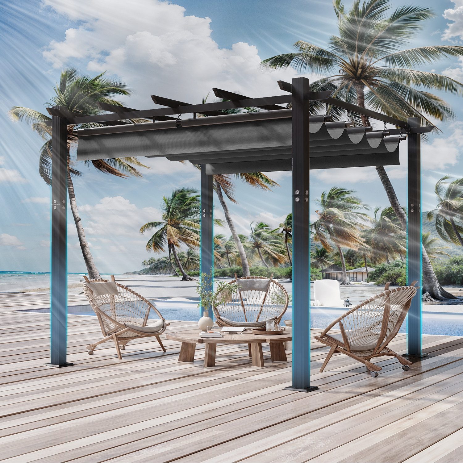 GUNJI Pergola 3x3/3x4m Winterfest, Magnetisch befestigte Aluminium-Pergola, (180g PA-beschichtetes Polyester, UV-geschützt, geeignet für Garten, Terrasse, Poolszenen), Magnetisch befestigbares Schiebedach