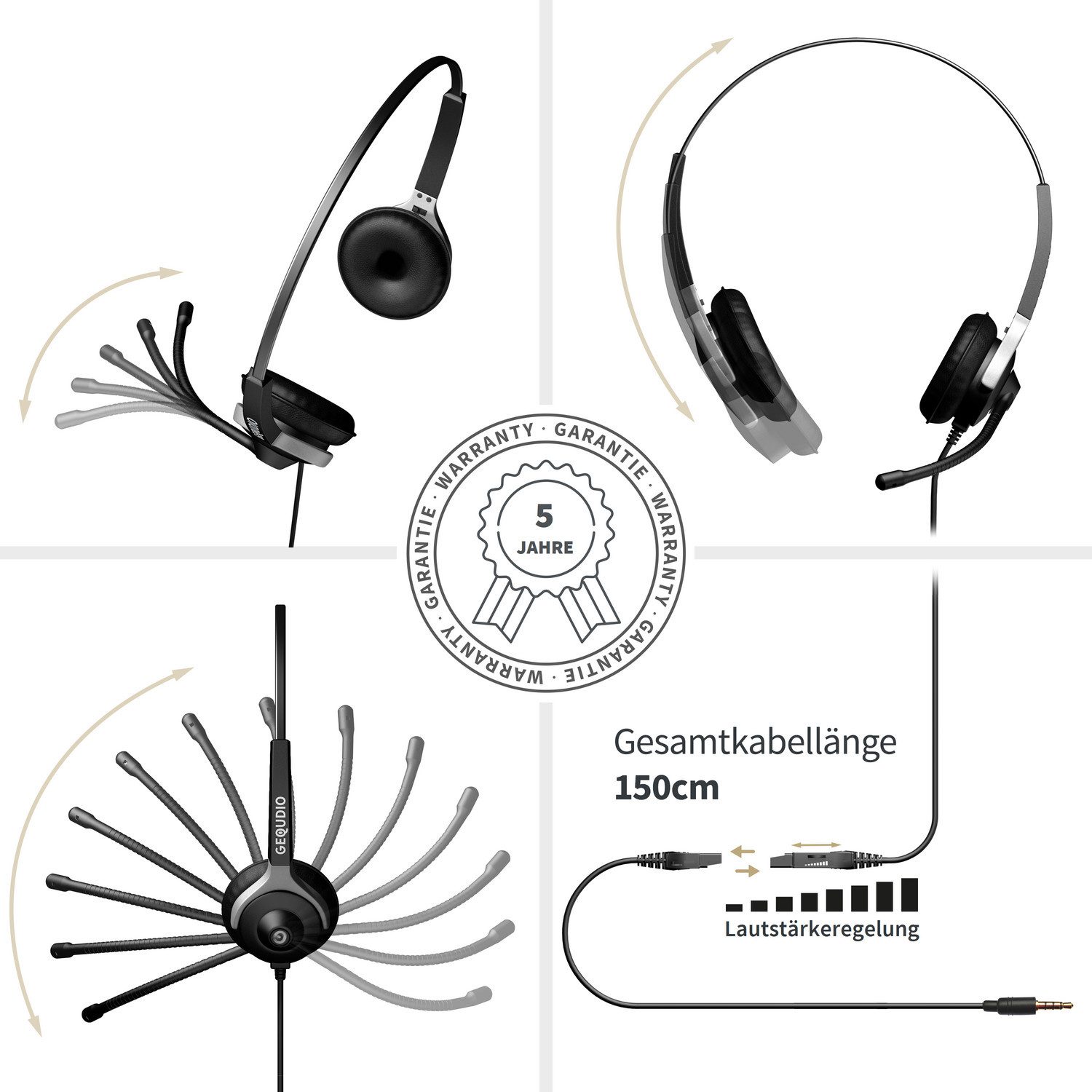 GEQUDIO Headset (mit Wechselverschluss für mehrere Endgeräte, inklusive Anschlusskabel)
