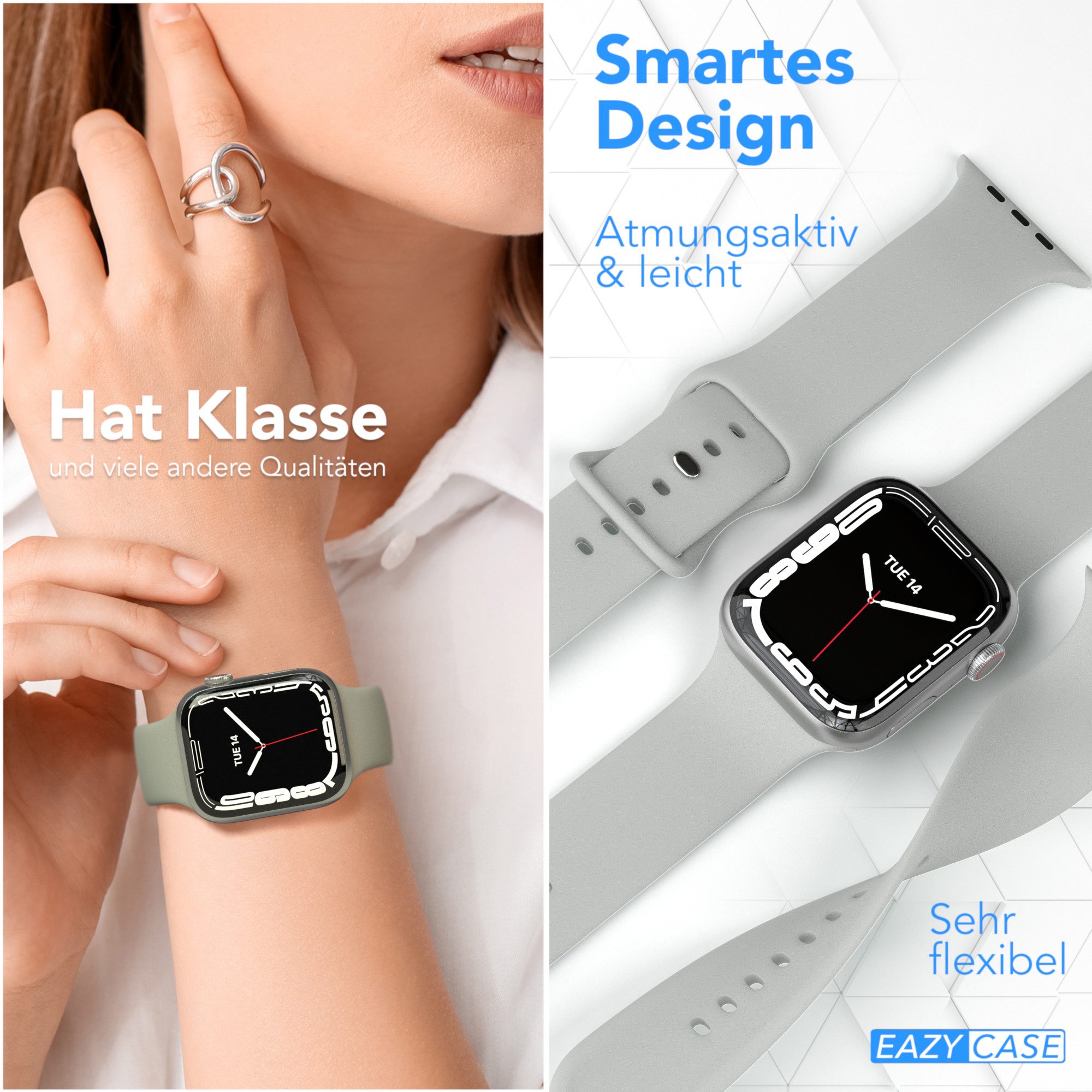 EAZY CASE Smartwatch-Armband Silikon Armband iWatch 11 10 9 8 7 6 5 4 3 2 SE Ultra, Apple Watch Ersatzarmband Silikon 44-49 mm Hellgrau Sport Unisex – Bild 4 von 5