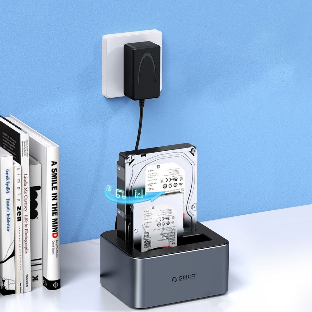 ORICO Festplatten-Dockingstation Festplattendock Klonstation SSD-Dock, (Spar-Set, 1 St., 14 x 12 x 7 cm kompakt), Offline-Klonen, 2 Schächte, USB-C 5 Gbit/s, bis 44 TB